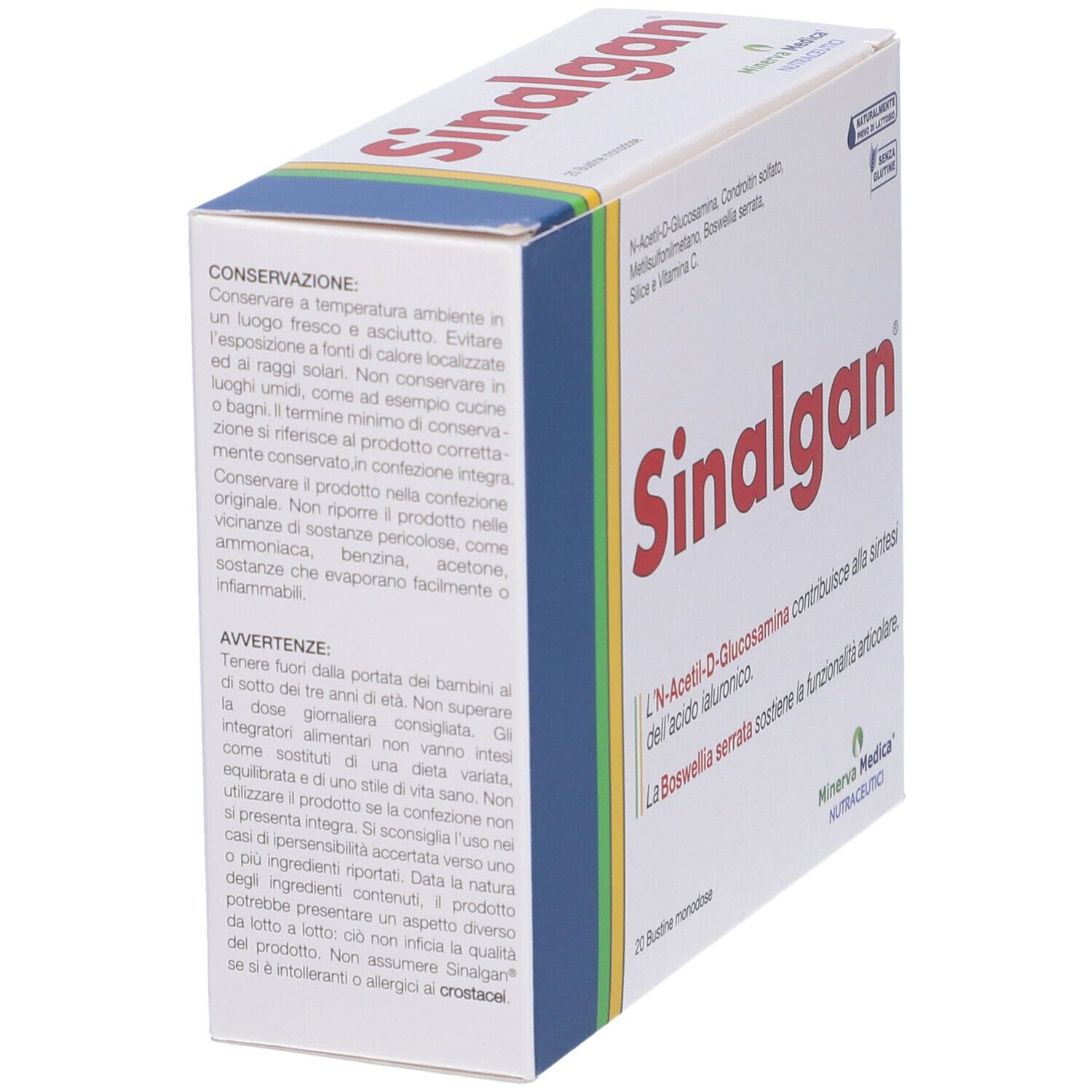 Scatola inclinata con scritta rossa "Sinalgan". Testo in italiano. Logo Minerva Medica.