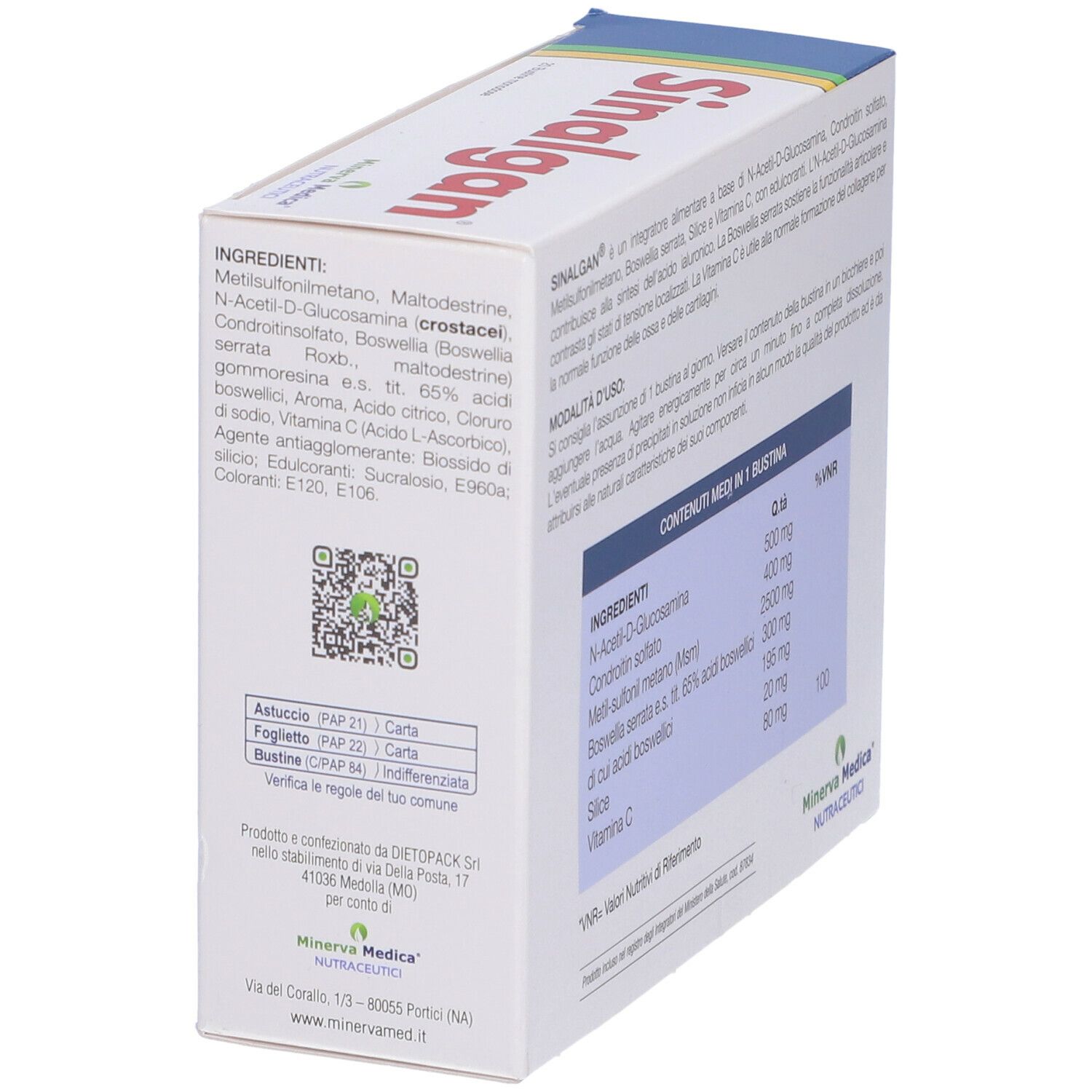 Scatola con scritta rossa "Sinalgan". Contiene informazioni e codice QR. Logo Minerva Medica.