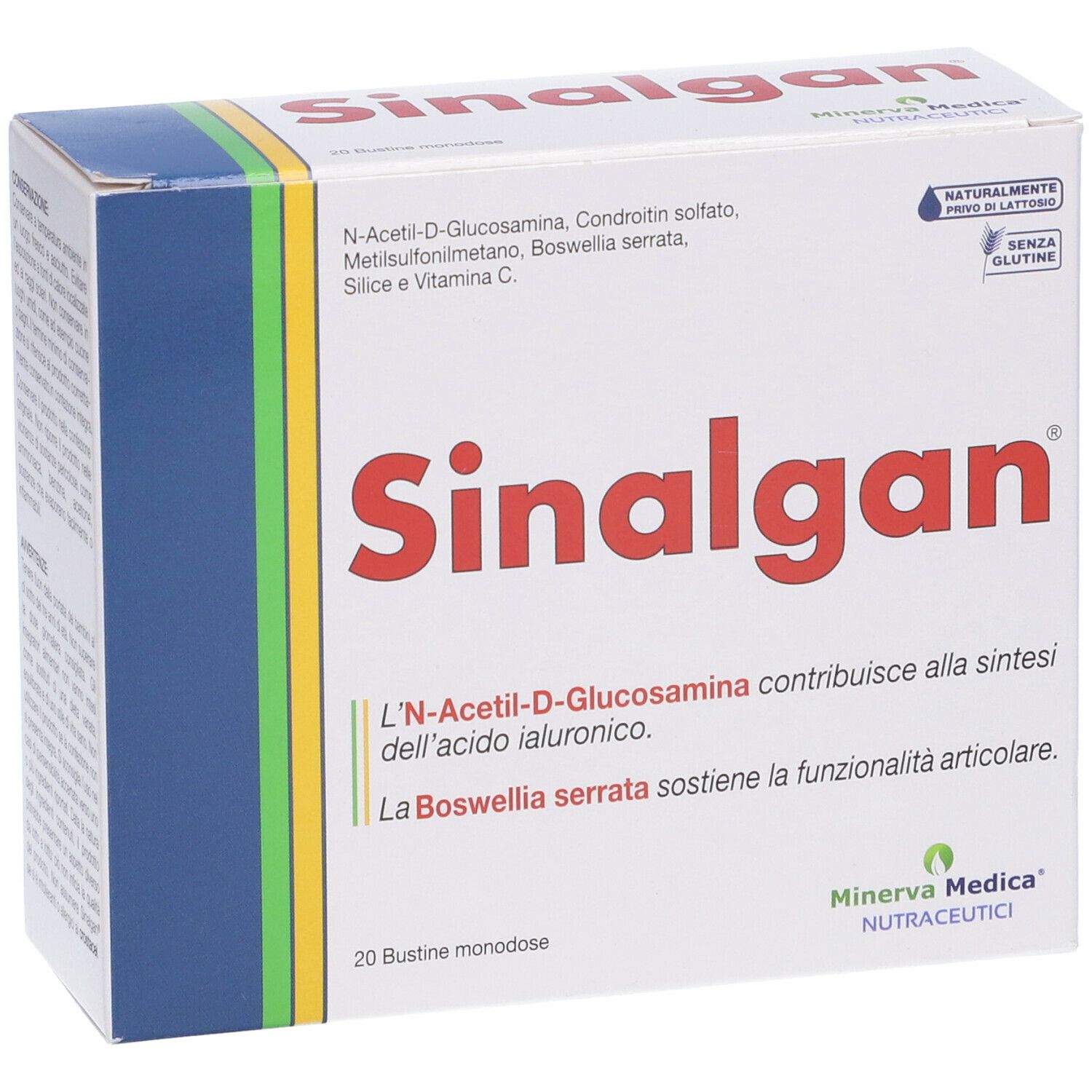 Scatola con scritta rossa "Sinalgan". Contiene 20 bustine. Sigillo "Senza glutine". Logo Minerva Medica.