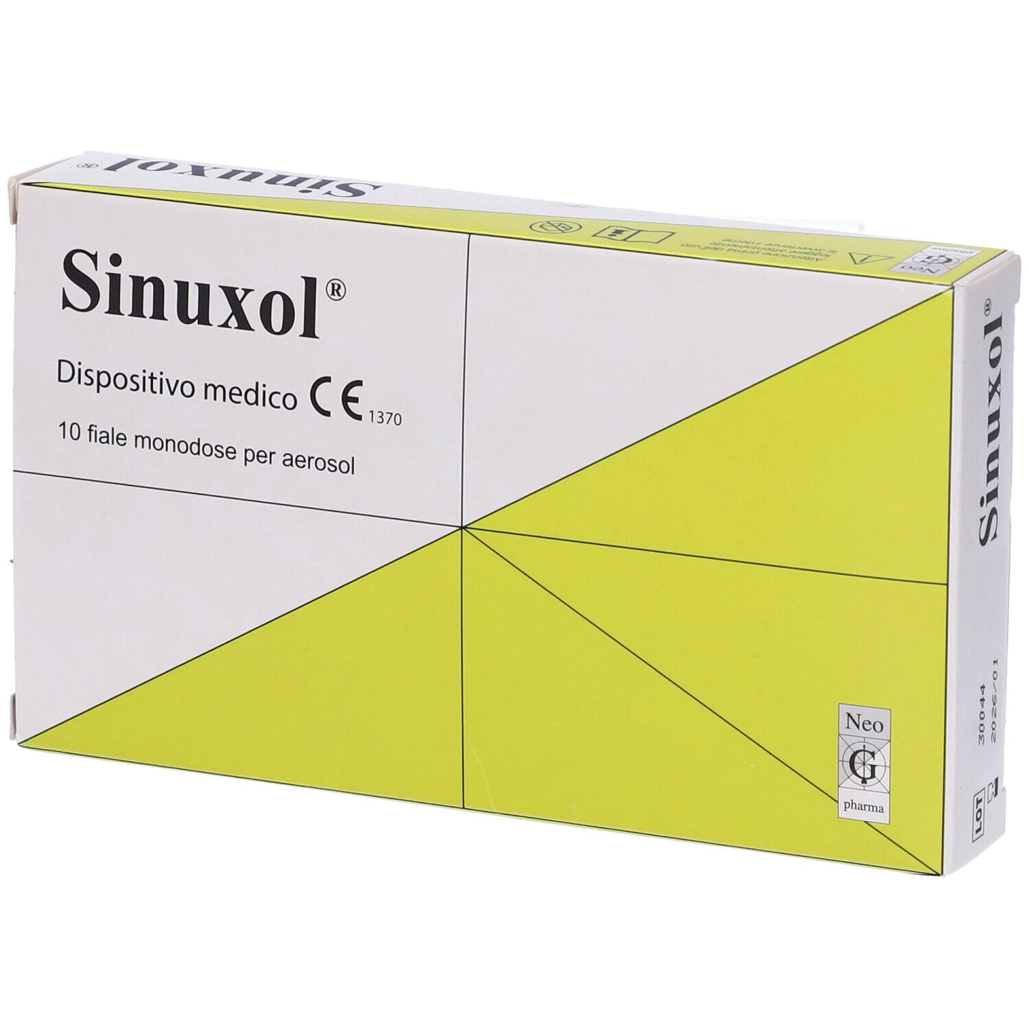 Scatola Sinuxol, 10 fiale monodose per aerosol. Dispositivo medico. Logo Neo G Pharma.