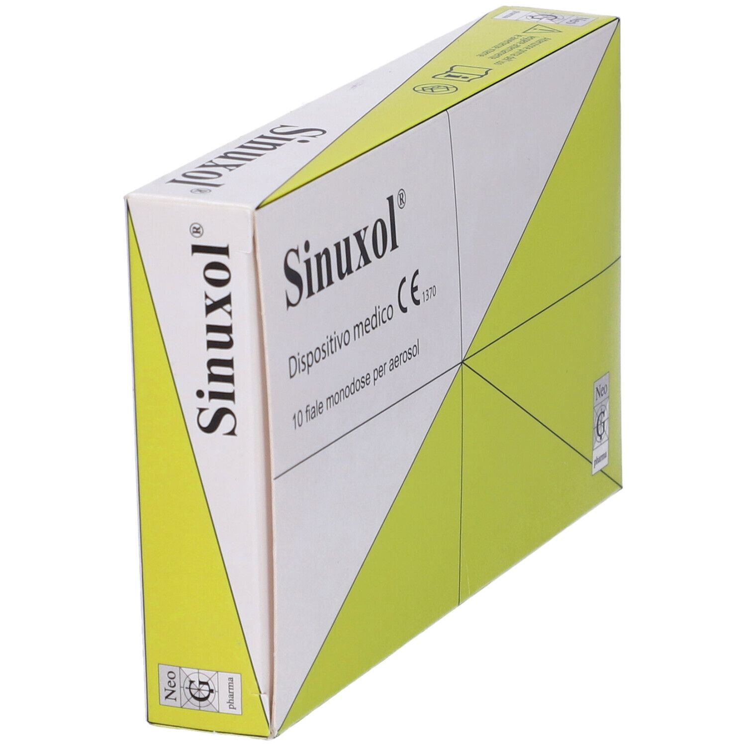 Scatola Sinuxol in diagonale, 10 fiale monodose per aerosol. Dispositivo medico. Logo Neo G Pharma.