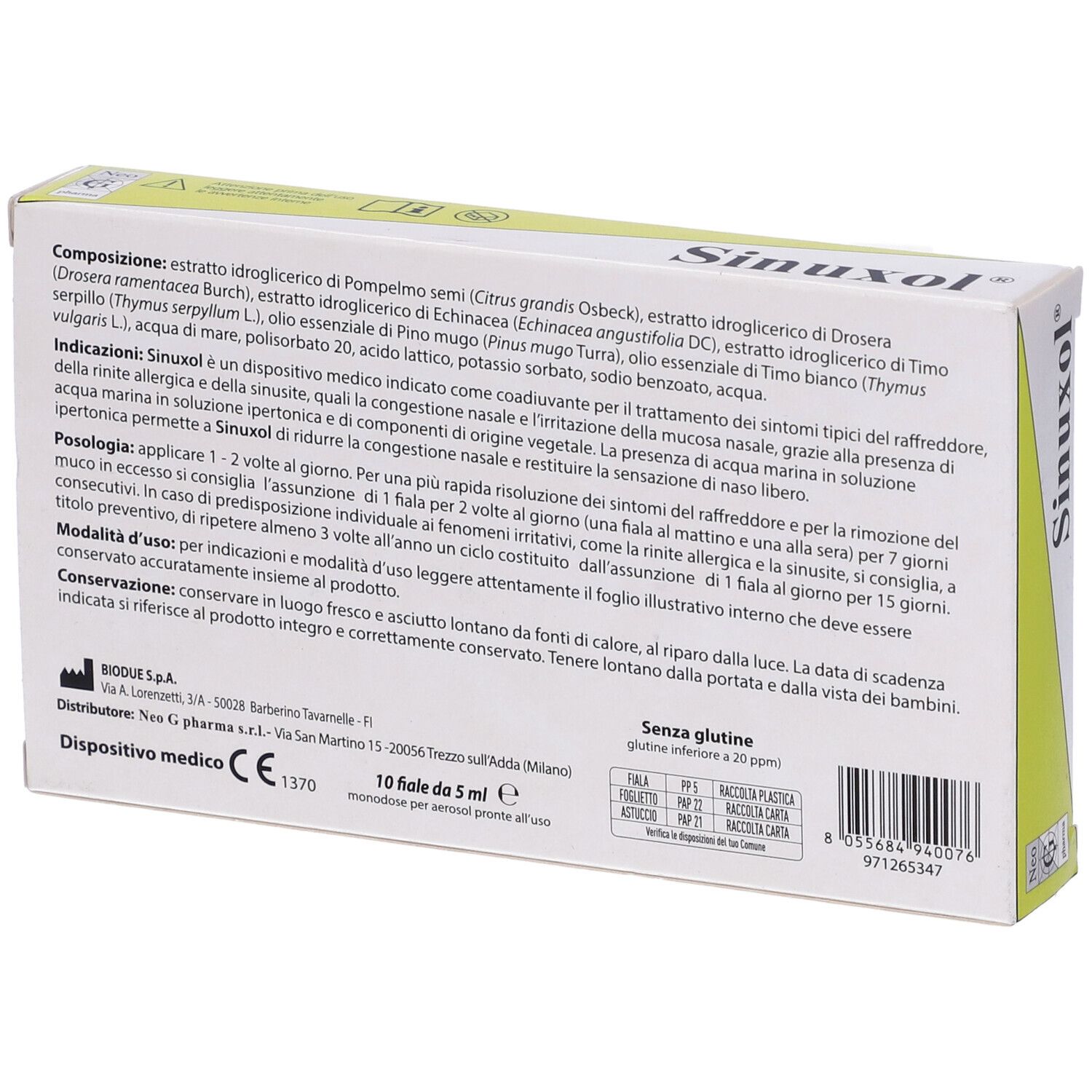 Retro scatola Sinuxol. Ingredienti, uso, avvertenze. Dispositivo medico. Senza glutine.