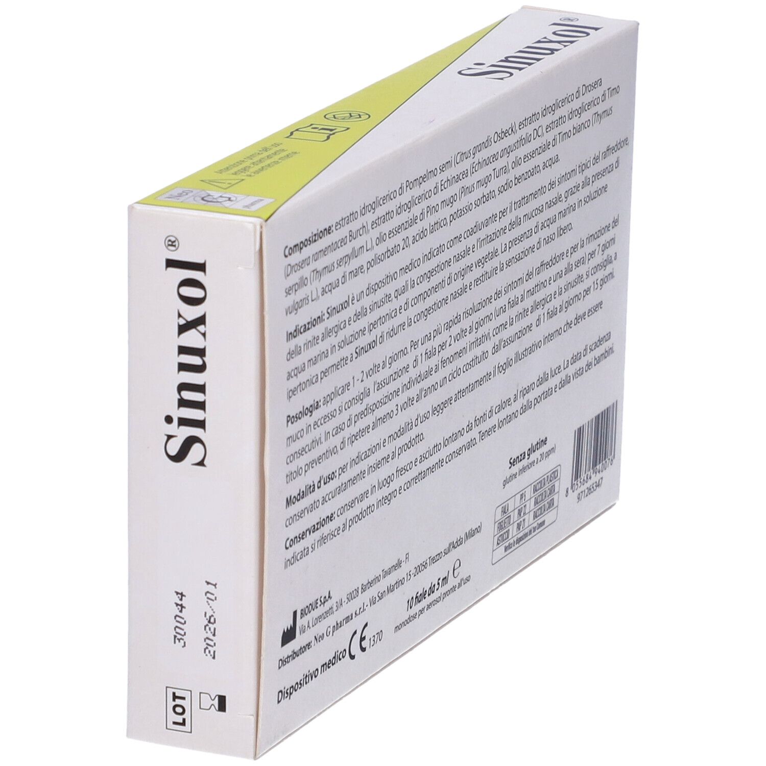 Scatola Sinuxol in diagonale. Retro con ingredienti, uso, avvertenze. Dispositivo medico.