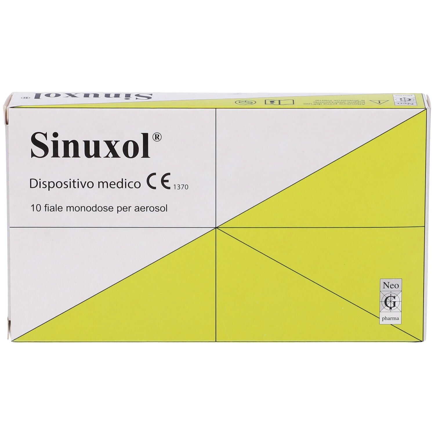 Scatola Sinuxol, 10 fiale monodose per aerosol. Dispositivo medico. Logo Neo G Pharma.