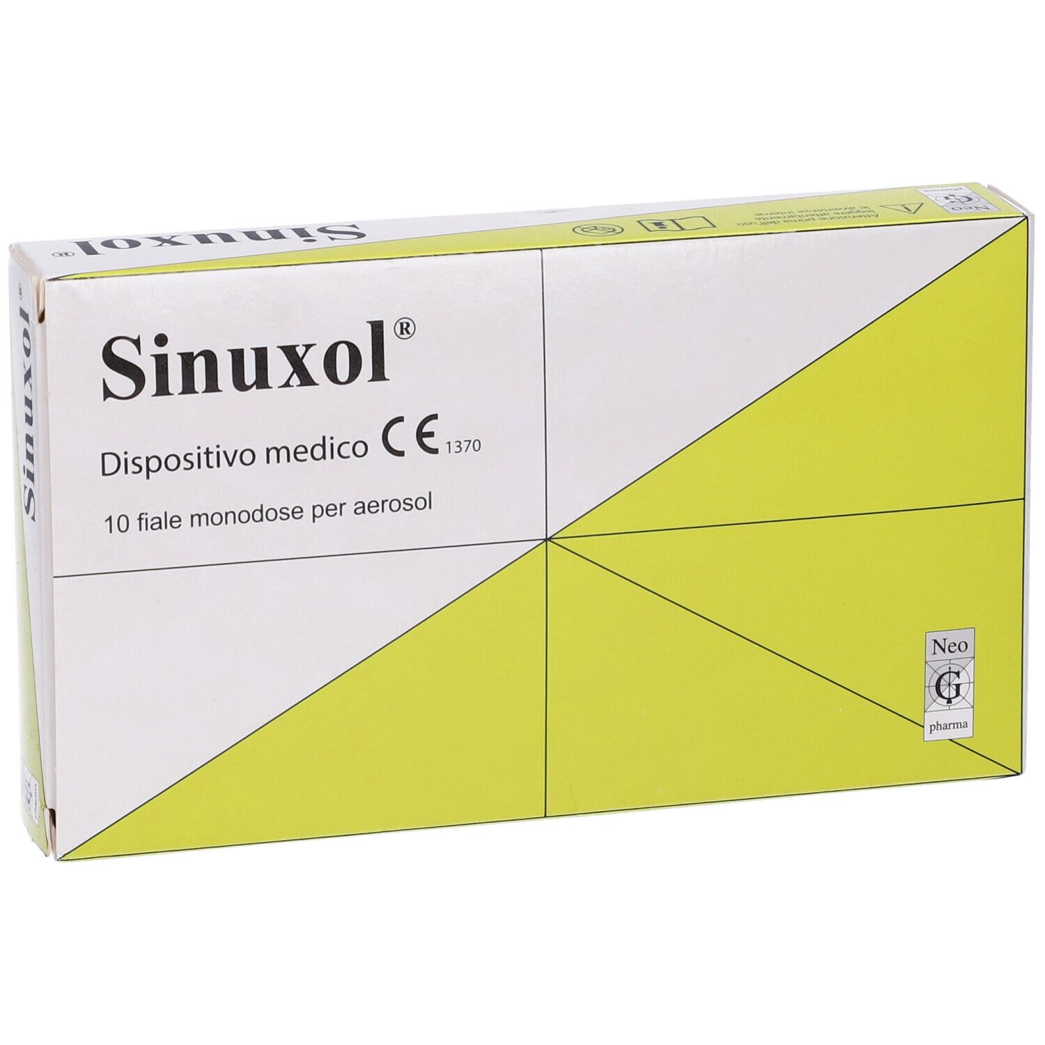Scatola Sinuxol, 10 fiale monodose per aerosol. Dispositivo medico. Logo Neo G Pharma.