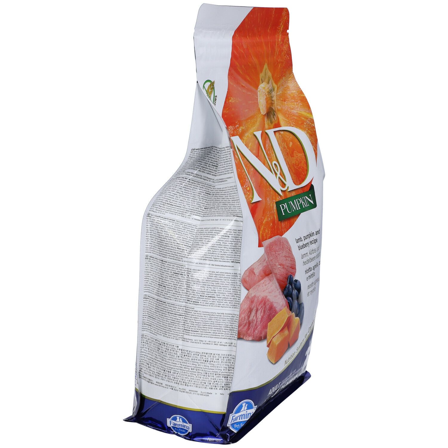 Seitenansicht des Trockenfutter-Beutels N&D Pumpkin. Logo und Produktabbildung sichtbar. Text in Deutsch, Italienisch und Englisch.
