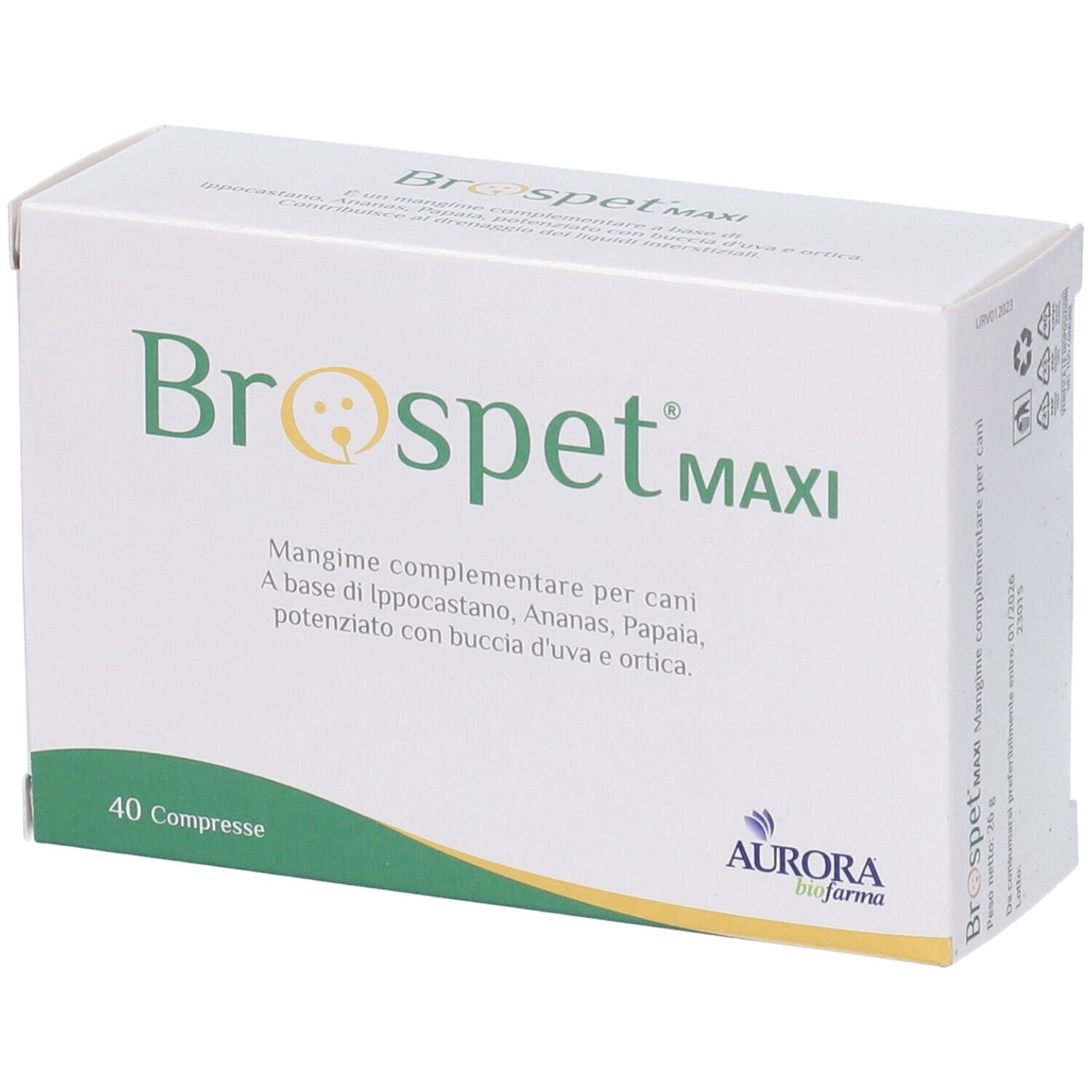 Scatola bianca "Brospet MAXI" con logo. Contiene 40 compresse. Marchio: Aurora biofarma.