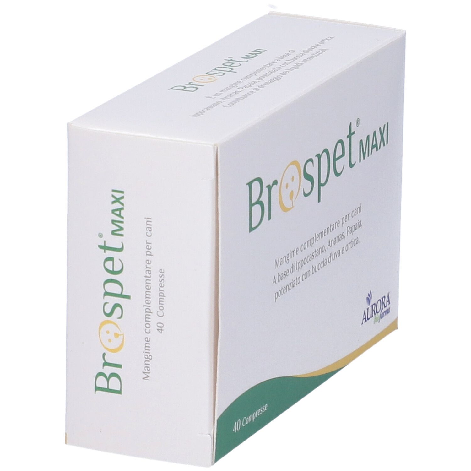 Scatola "Brospet MAXI" in prospettiva. Logo e testo visibili. Marchio: Aurora biofarma.