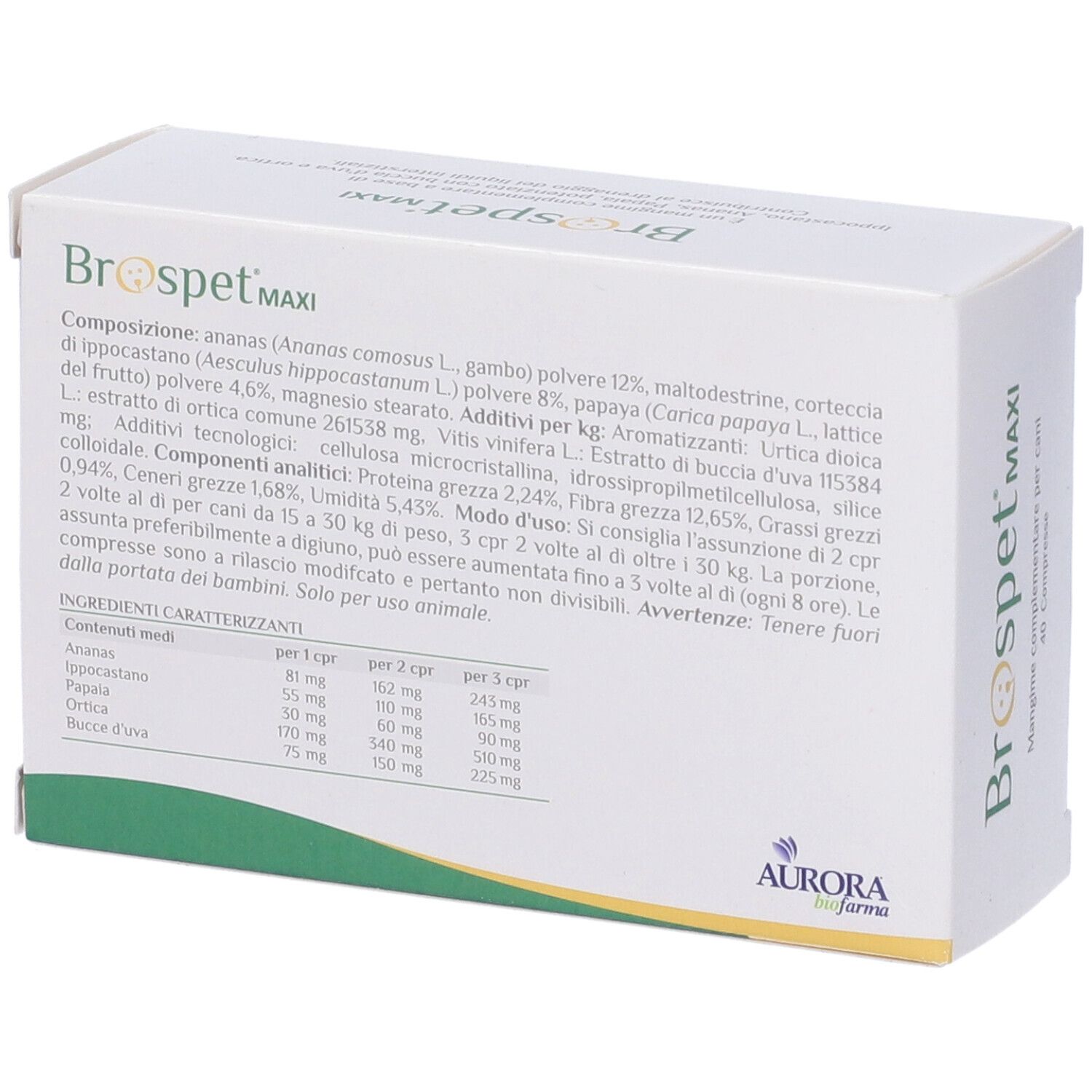 Retro della scatola "Brospet MAXI". Testo con ingredienti e informazioni nutrizionali. Marchio: Aurora biofarma.