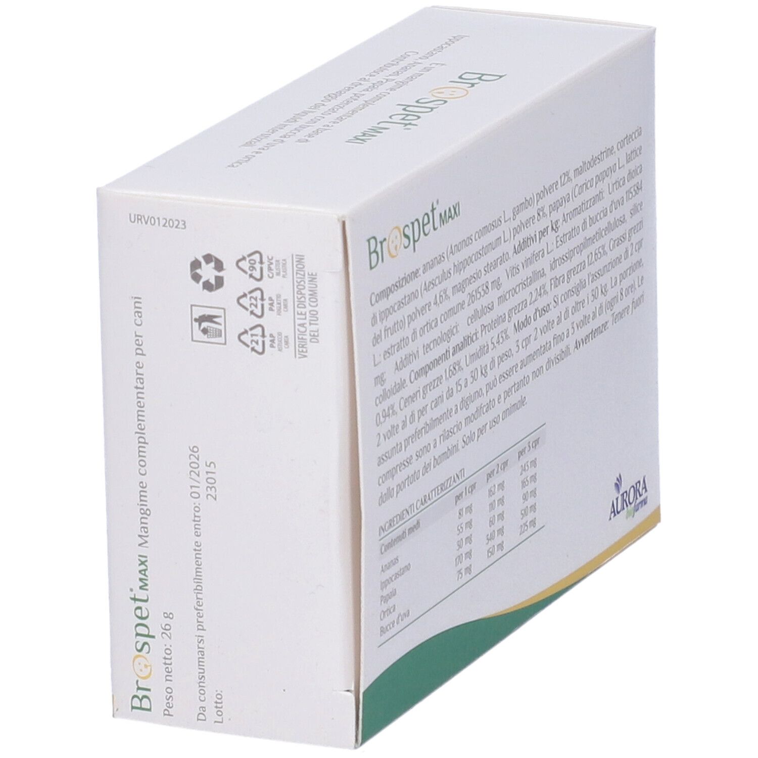Scatola "Brospet MAXI" con testo e ingredienti. Peso: 26g. Marchio: Aurora biofarma.
