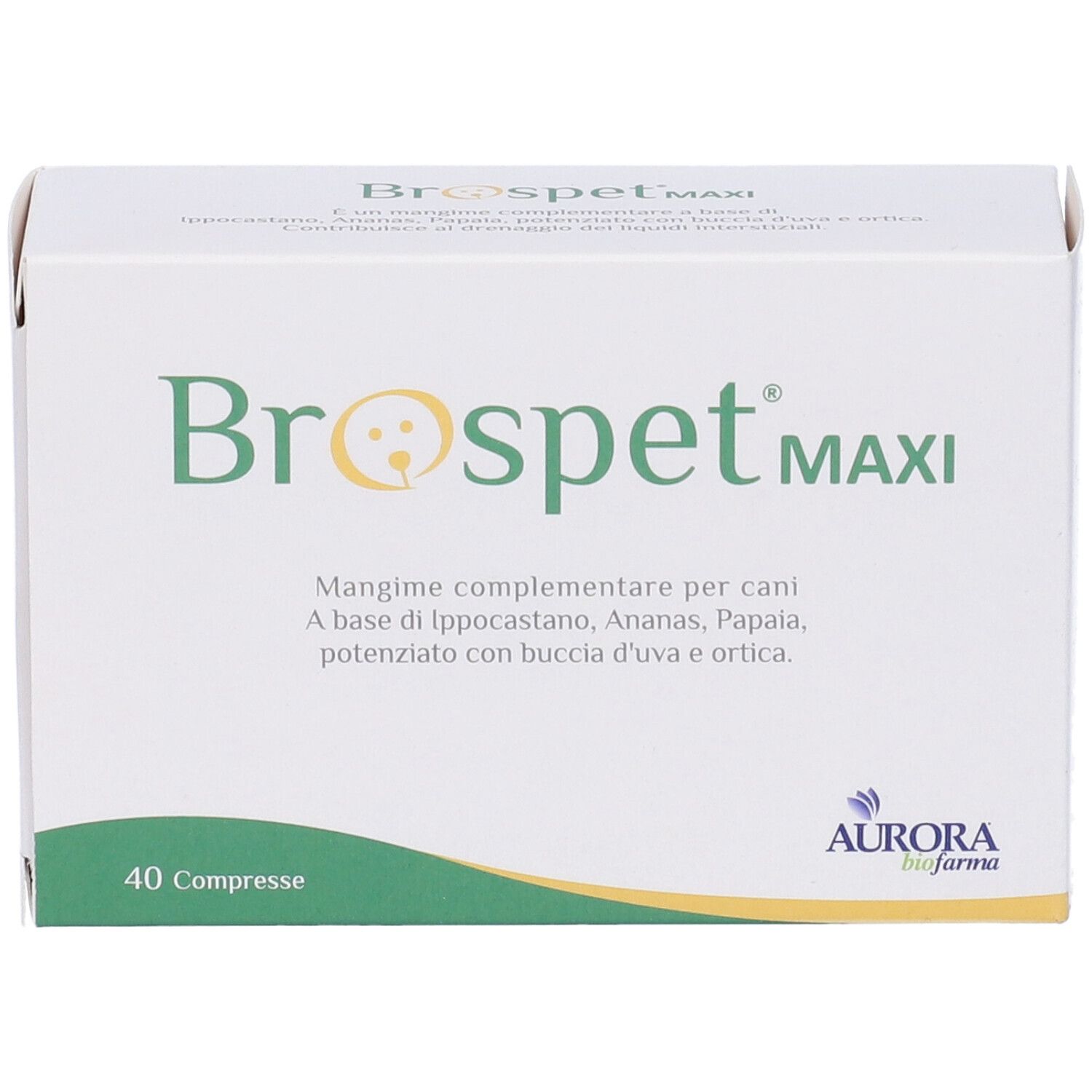Scatola bianca "Brospet MAXI" con logo e testo. Contiene 40 compresse. Marchio: Aurora biofarma.