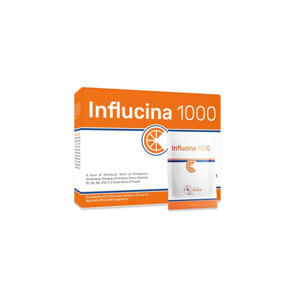 Confezione di Influcina 1000, con una bustina. Scatola arancione con nome del prodotto e logo.