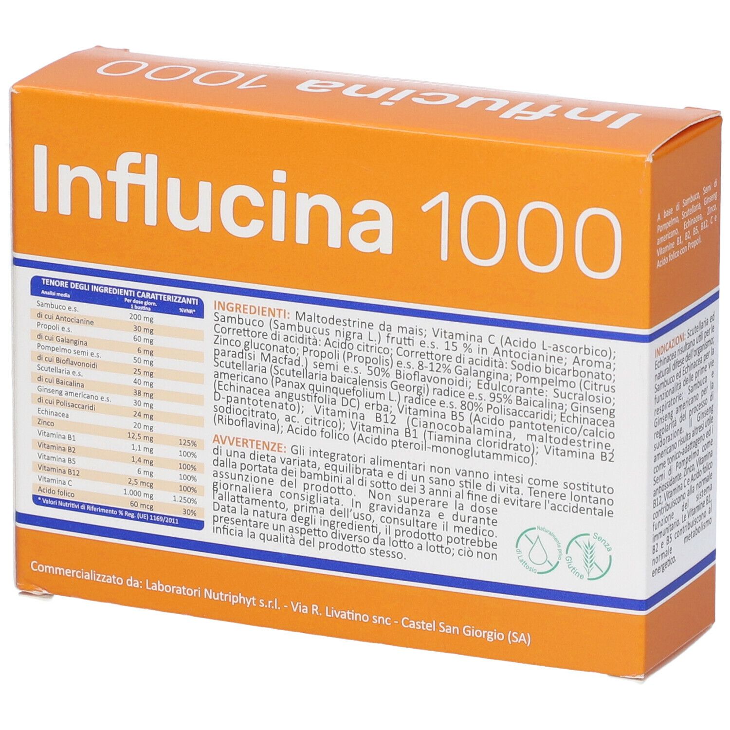 Scatola arancione con il nome del prodotto Influcina 1000. Contiene 14 bustine. Logo e testo sulla confezione.