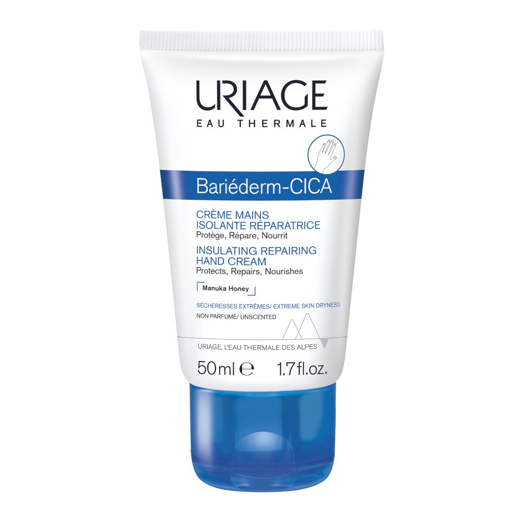 Tubo bianco con tappo blu. Scritta URIAGE, BARIÉDERM-CICA Crème Mains. 50ml, 1.7 fl.oz.