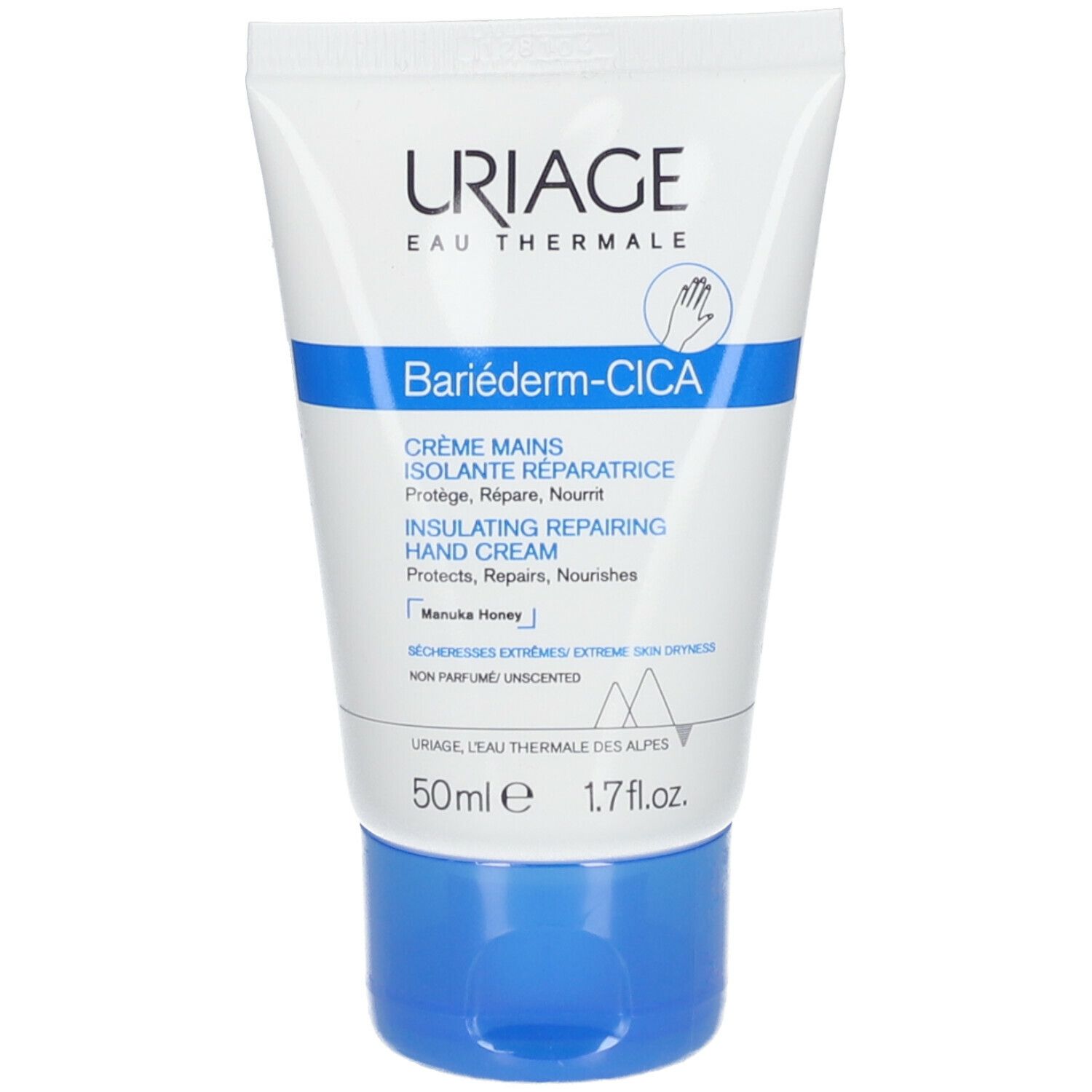 Tubo bianco con tappo blu. Scritta URIAGE, BARIÉDERM-CICA Crème Mains. 50ml, 1.7 fl.oz.