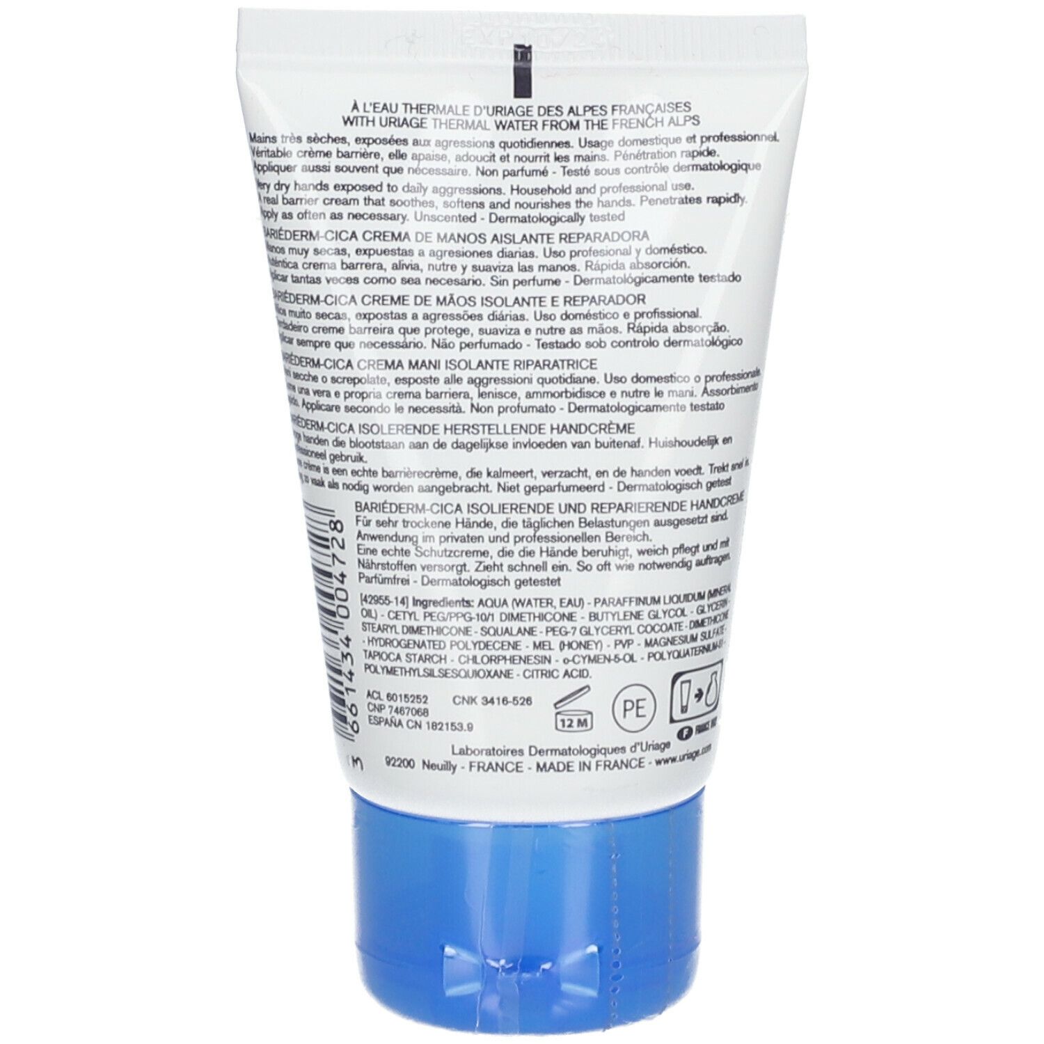 Retro del tubo. Testo multilingue. Ingredienti e informazioni del produttore. Tappo blu.