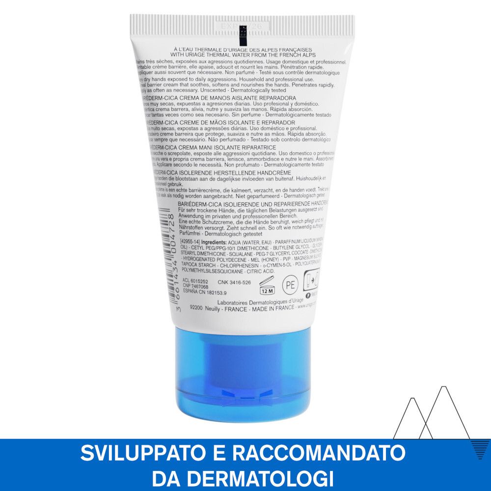 Retro del tubo. Testo multilingue. Ingredienti e informazioni del produttore. Tappo blu.