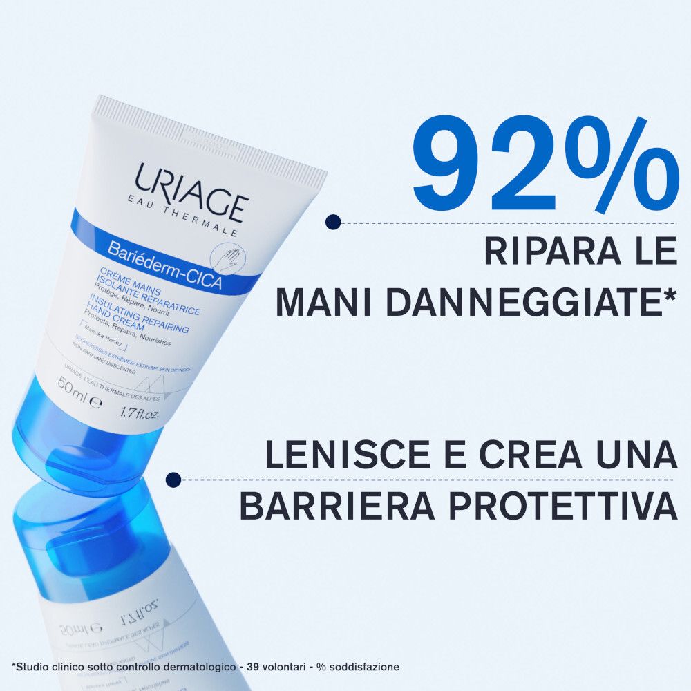 Tubo e testo: 92% ripara le mani danneggiate. Lenisce e crea una barriera protettiva. Sfondo blu.