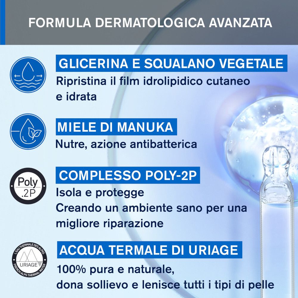 Infografica con ingredienti: Glicerina, Squalano, Miele di Manuka, Complesso Poly-2P, Acqua Termale di Uriage.