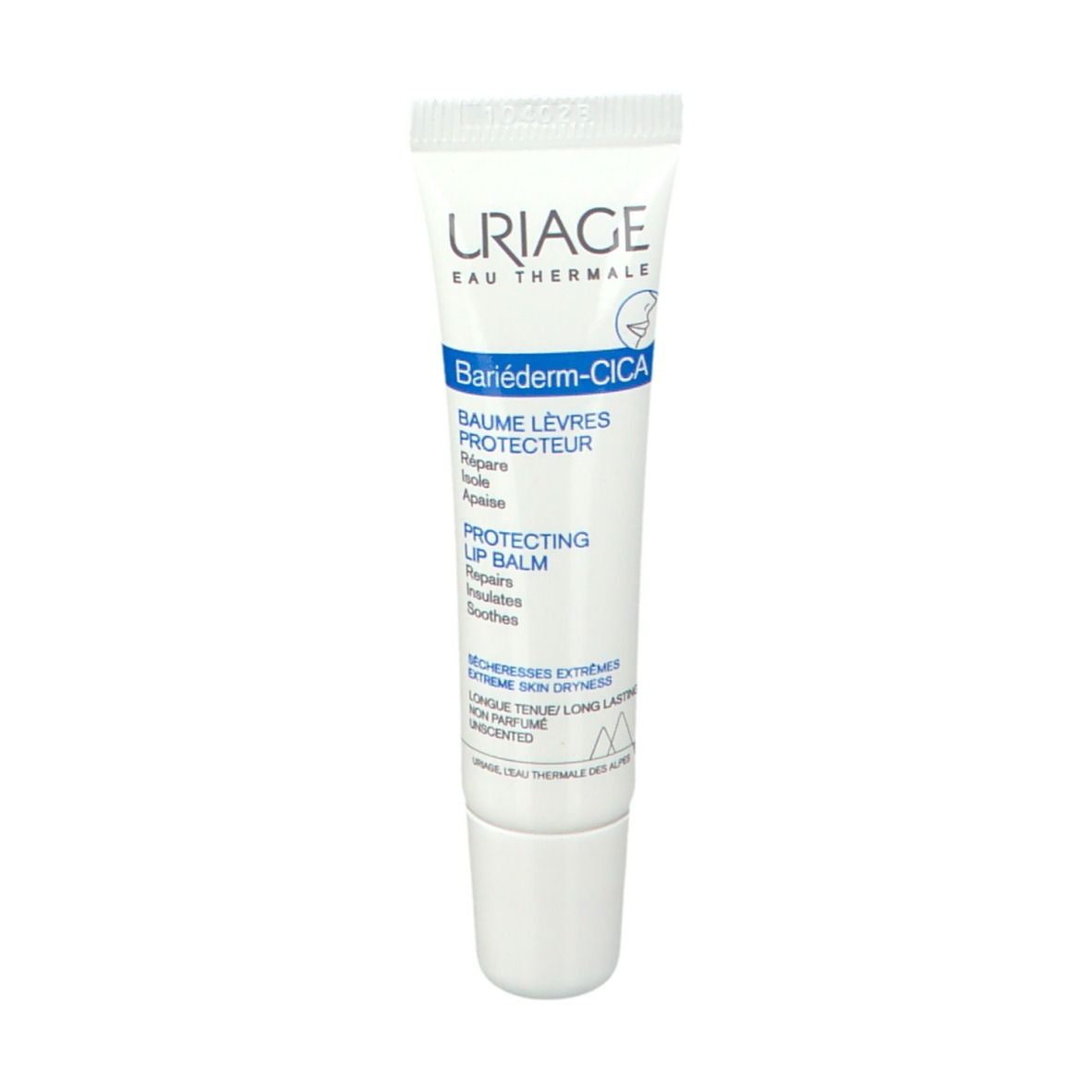 Uriage Bariéderm-Cica Balsamo Labbra. Tubo con tappo bianco. Scritta blu e bianca. Per labbra secche.