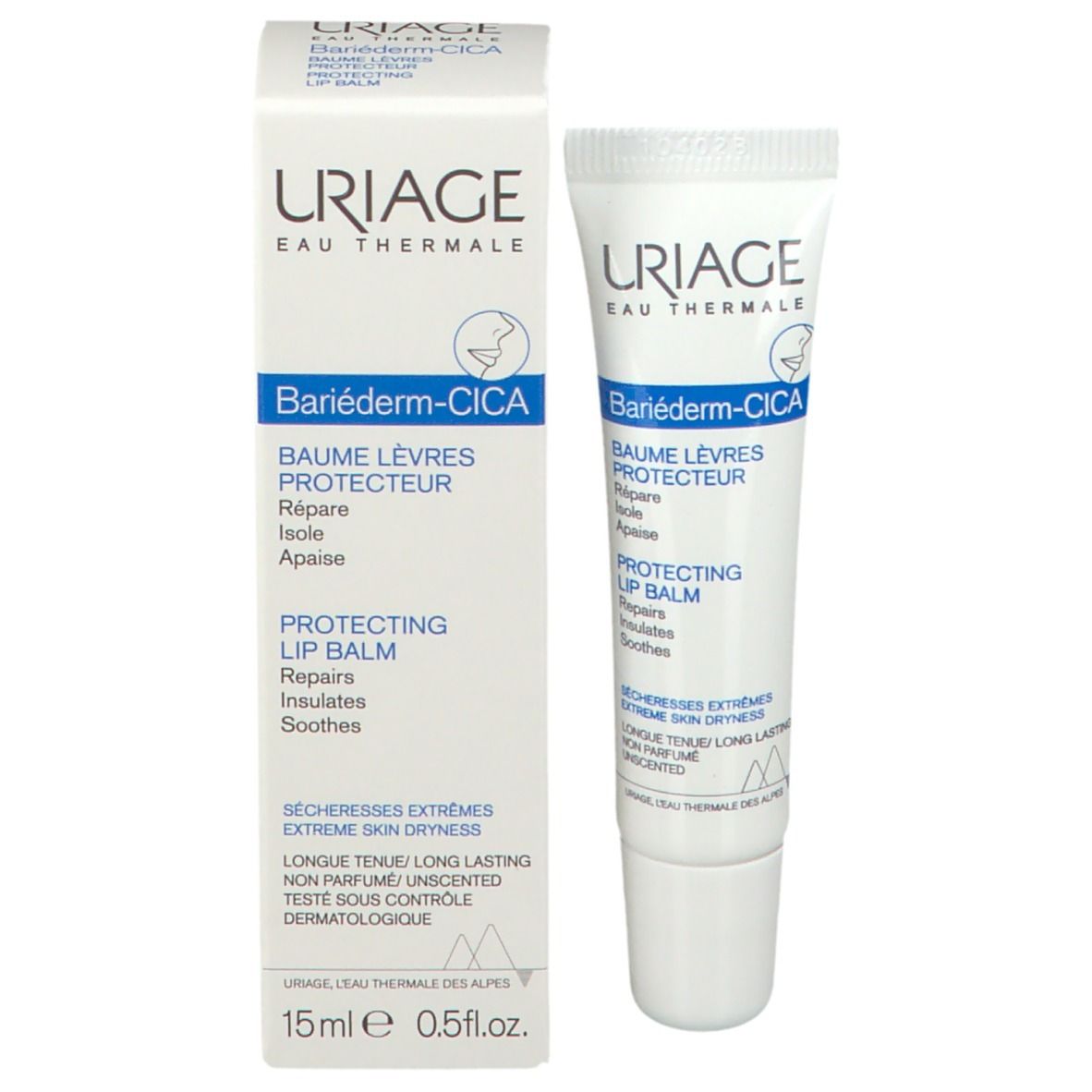 Uriage Bariéderm-Cica Balsamo Labbra e confezione. 15ml. Per pelli molto secche. Colori bianco e blu.