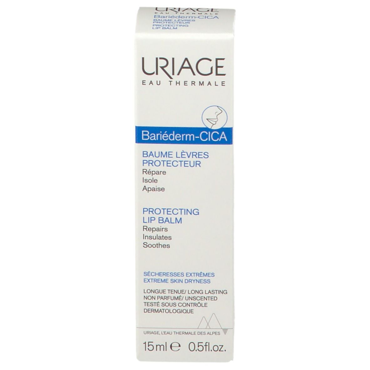 Confezione Uriage Bariéderm-Cica Balsamo Labbra. 15ml. Per pelli molto secche. Colori bianco e blu.
