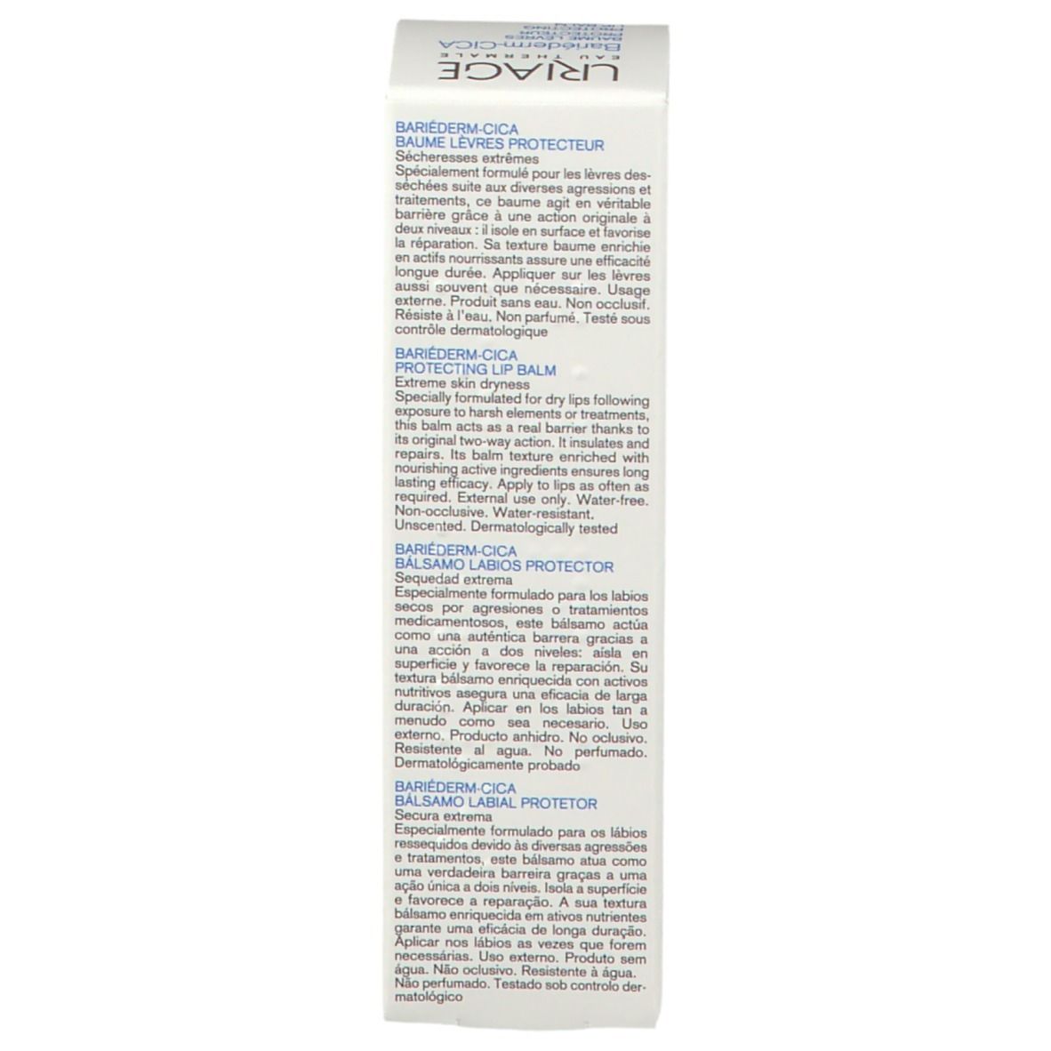 Lato della confezione del balsamo labbra Uriage Bariéderm-Cica. Testo multilingue. Bianco e blu.
