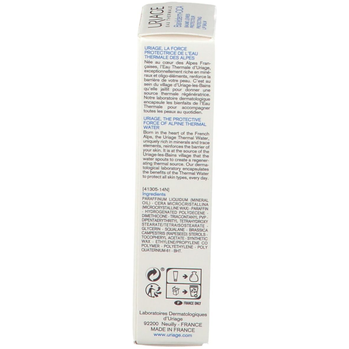 Retro della confezione del balsamo labbra Uriage Bariéderm-Cica. Ingredienti e informazioni. Bianco.