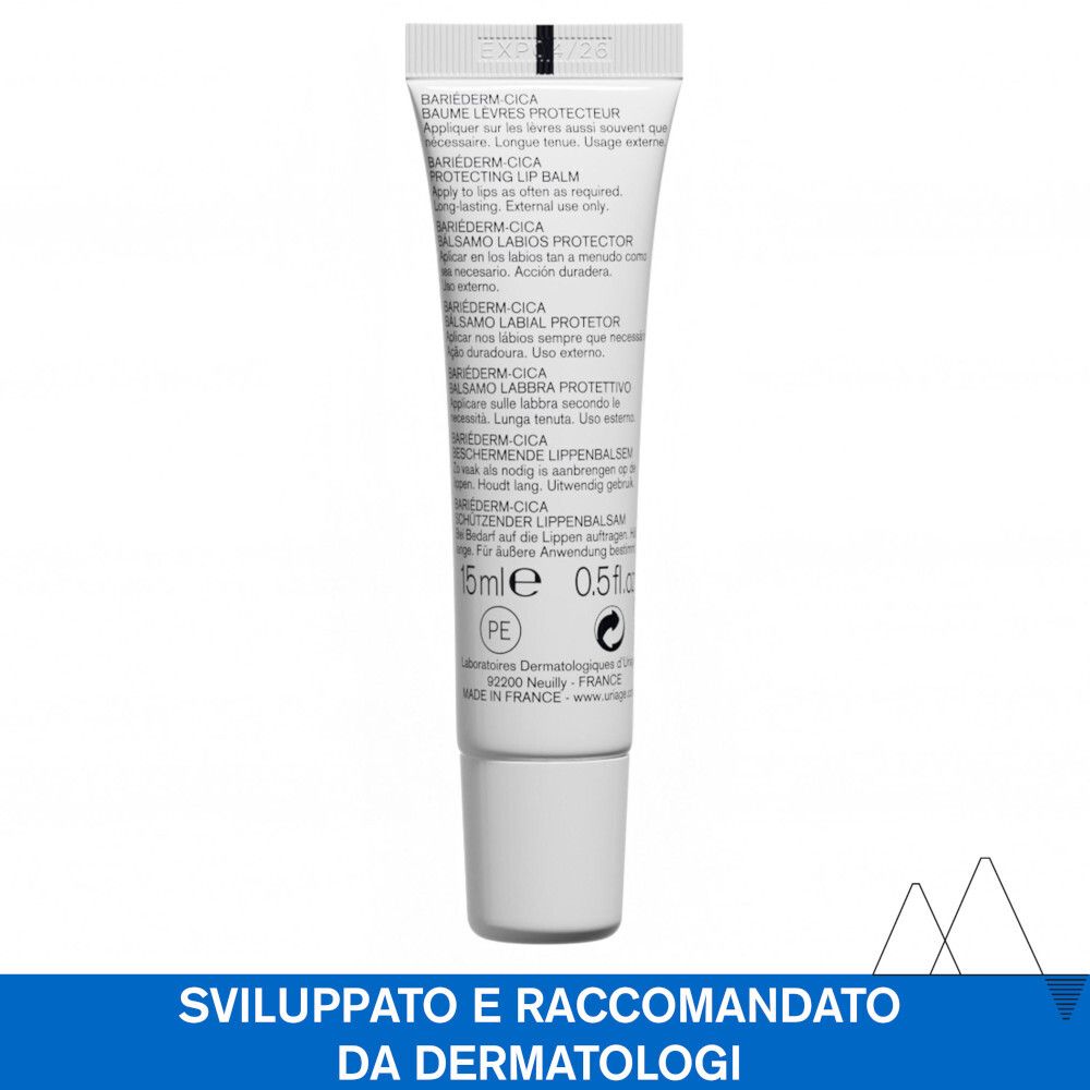 Retro del balsamo labbra Uriage Bariéderm-Cica. Testo multilingue. 15ml. Prodotto in Francia.