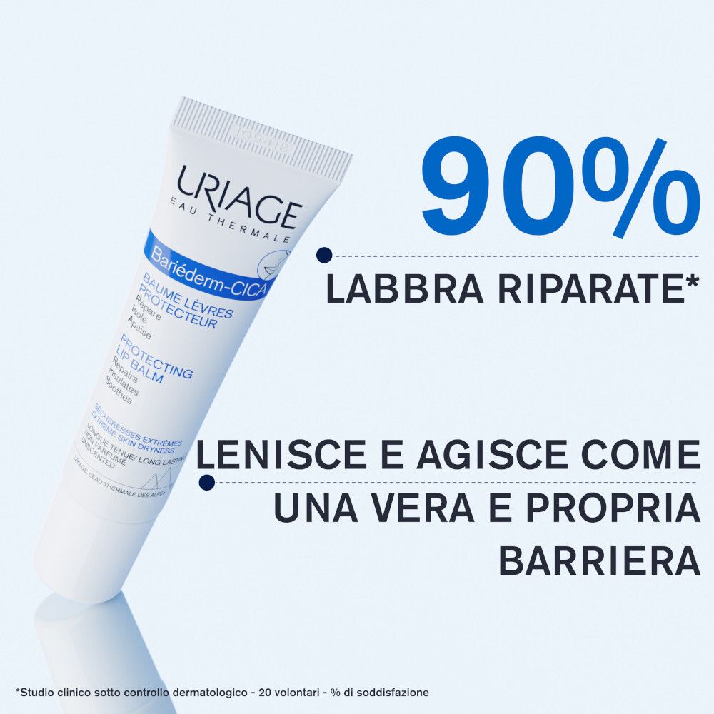 Uriage Bariéderm-Cica Balsamo Labbra. 90% labbra riparate. Lenisce e agisce come barriera. Accenti blu.