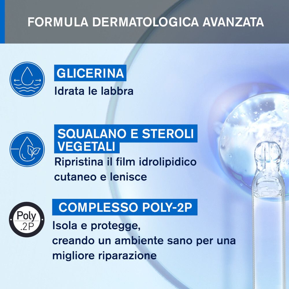 Ingredienti del balsamo labbra. Glicerina, squalano, steroli vegetali e complesso Poly-2P. Icone blu.