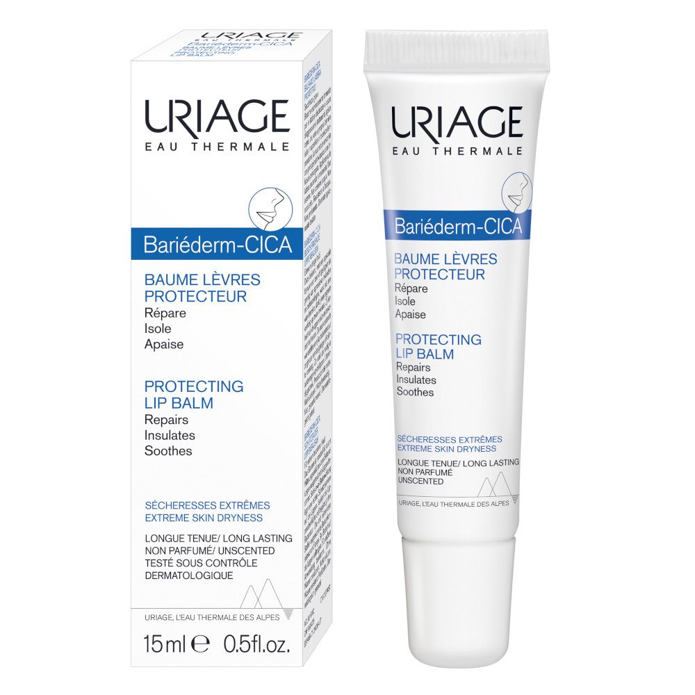 Uriage Bariéderm-Cica Balsamo Labbra e confezione. 15ml. Per pelli molto secche. Colori bianco e blu.