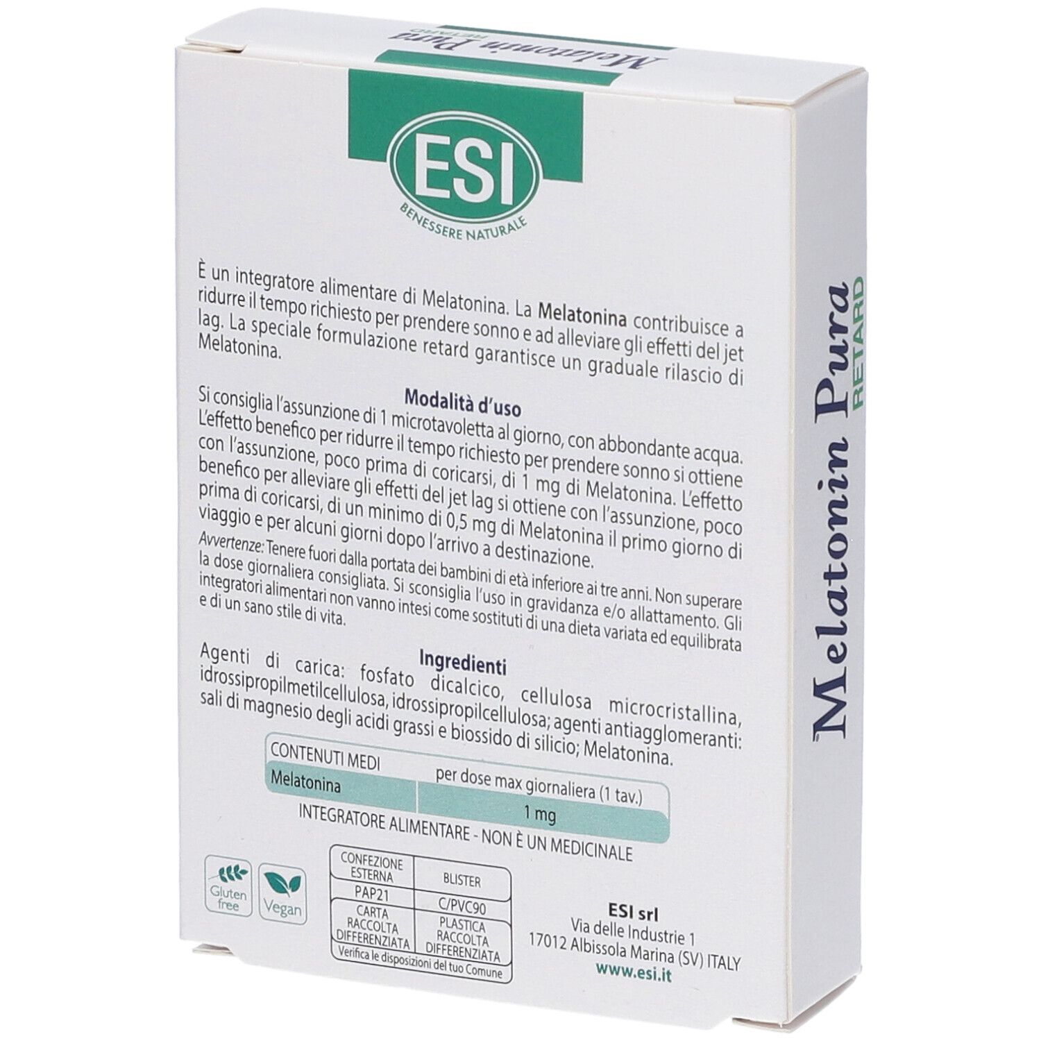 Rückseite der Schachtel mit Text. Enthält Informationen zu Inhaltsstoffen und Anwendung. ESI-Logo und Zertifizierungen.