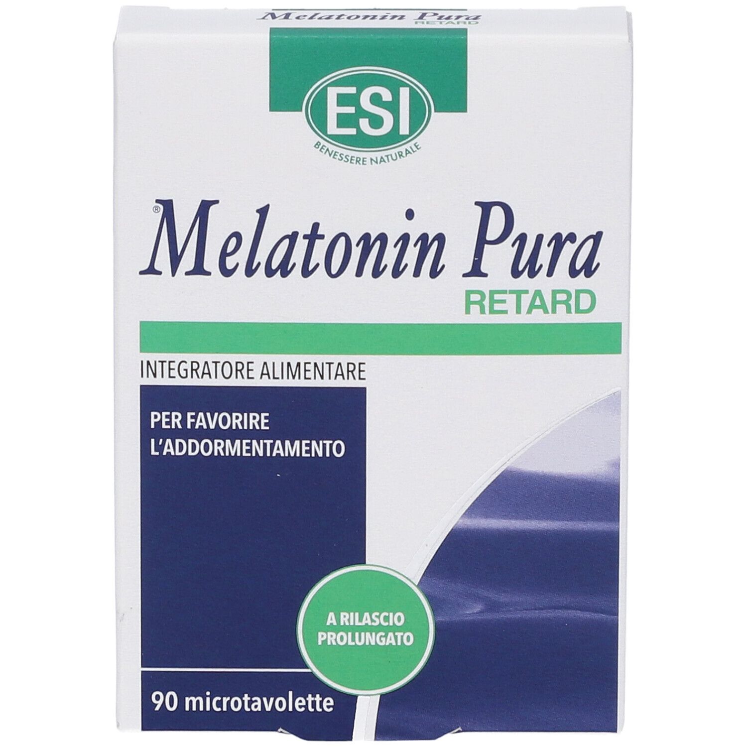 Weiße Schachtel mit ESI-Logo und Aufschrift Melatonin Pura Retard. Enthält 90 Microtabletten. Grün-weiße Farbgebung.