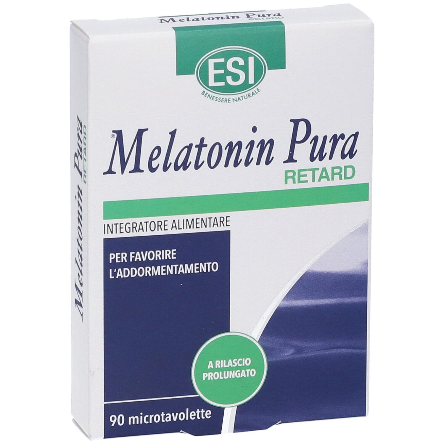 Weiße Schachtel mit ESI-Logo und Aufschrift Melatonin Pura Retard. Grün-weiße Farbgebung.