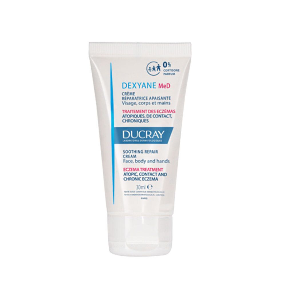 Tube de crème blanche, texte bleu. 0% cortisone. Marque Ducray. Pour visage, corps et mains.