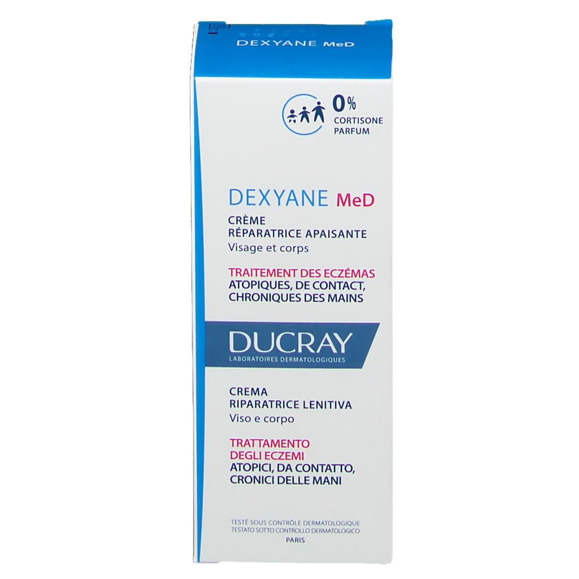 Emballage produit. Blanc et bleu. 0% cortisone. Marque Ducray. Pour visage, corps et mains.