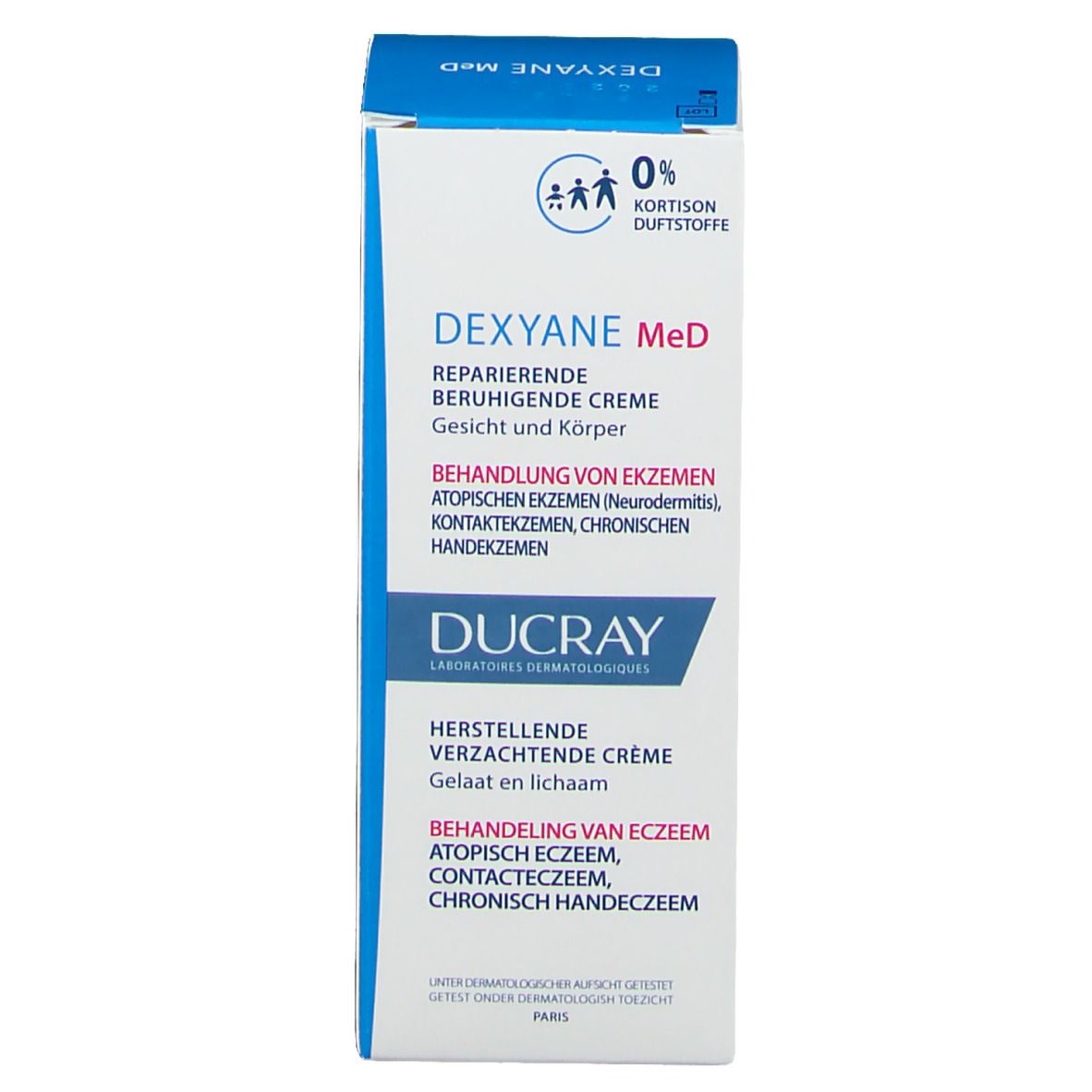 Emballage produit. Blanc et bleu. 0% cortisone. Marque Ducray. Pour visage, corps et mains.