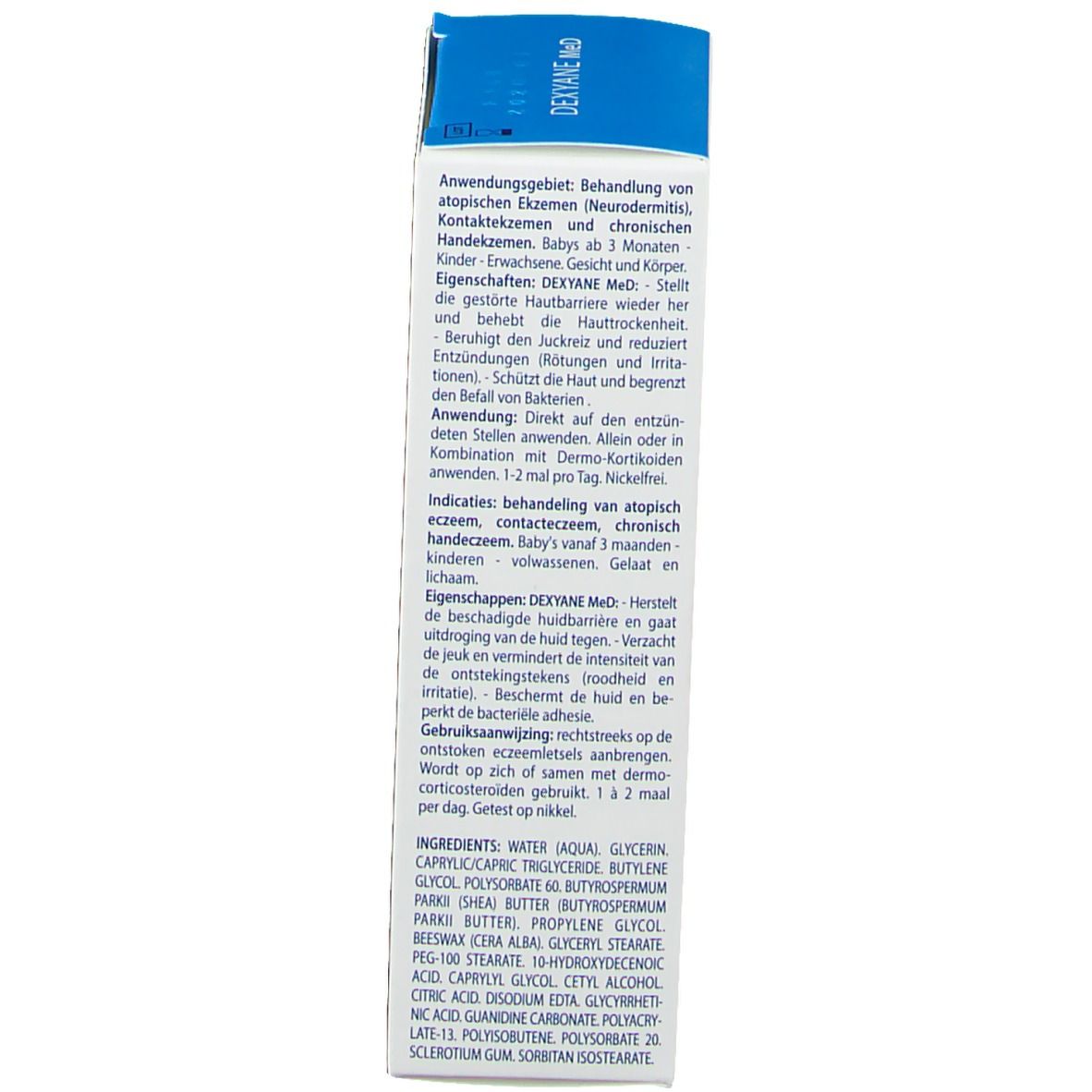 Dos de l'emballage. Texte multilingue. Informations sur l'utilisation et les ingrédients.