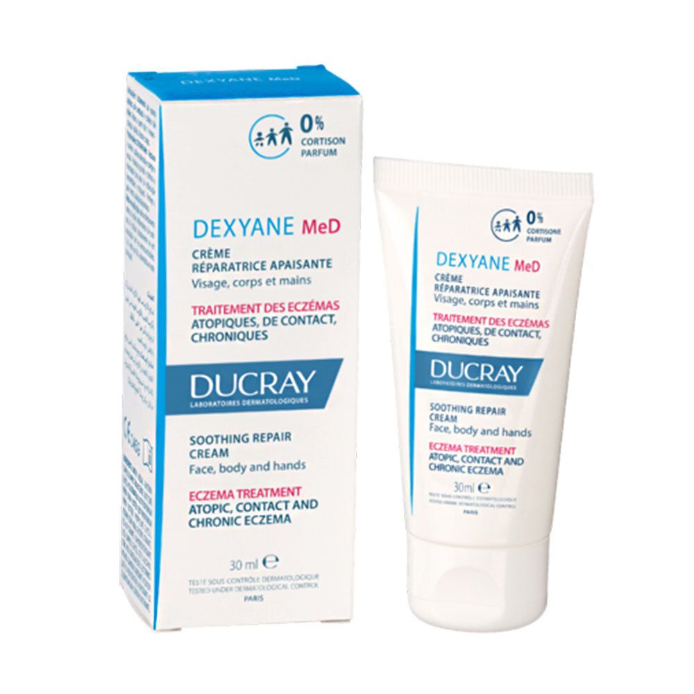 Emballage produit avec tube. Blanc et bleu. 0% cortisone. Marque Ducray. Pour visage, corps et mains.