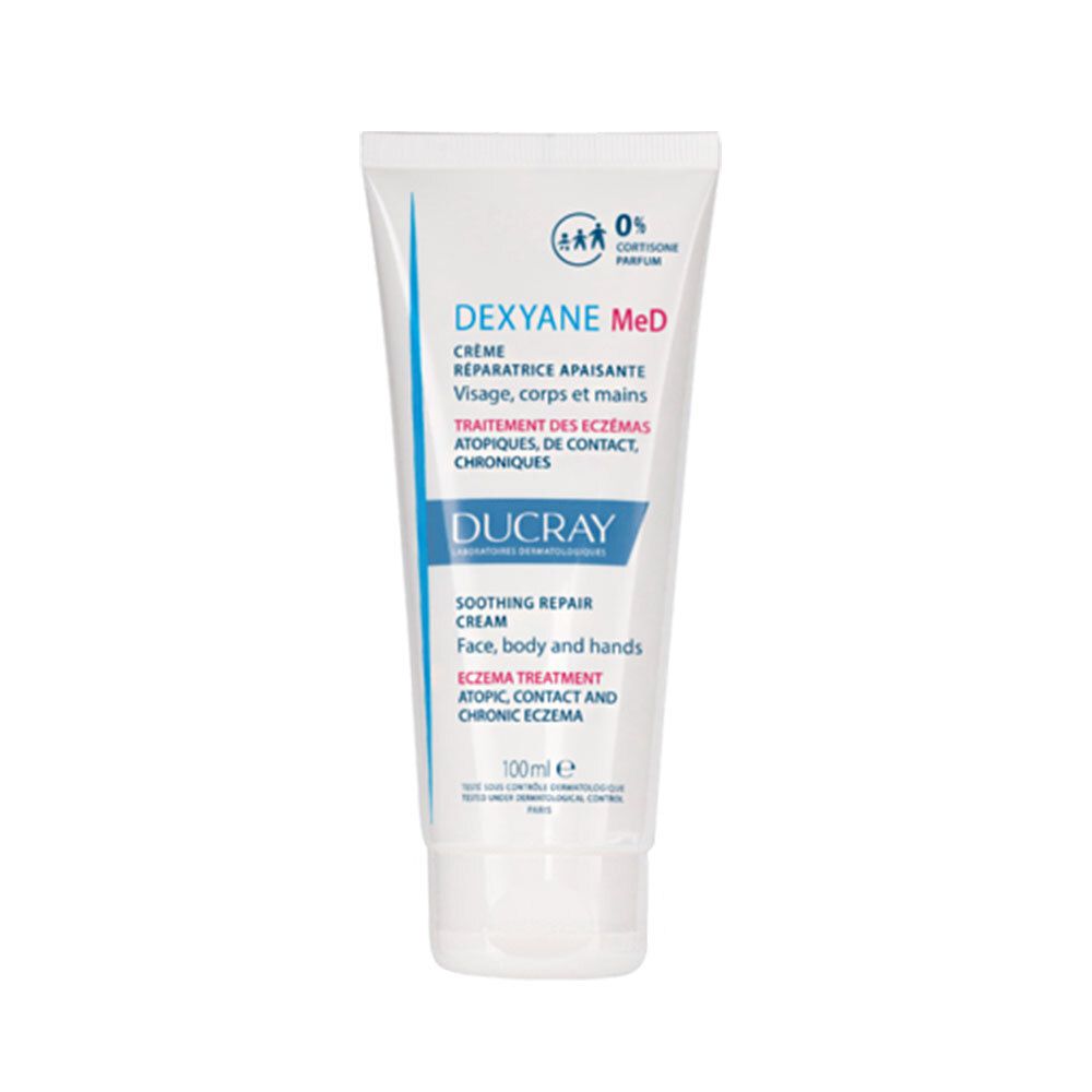 Tubo di crema bianco e blu. Contiene 'DEXYANE MeD' e '100ml'. Logo '0% cortisone profumo'.