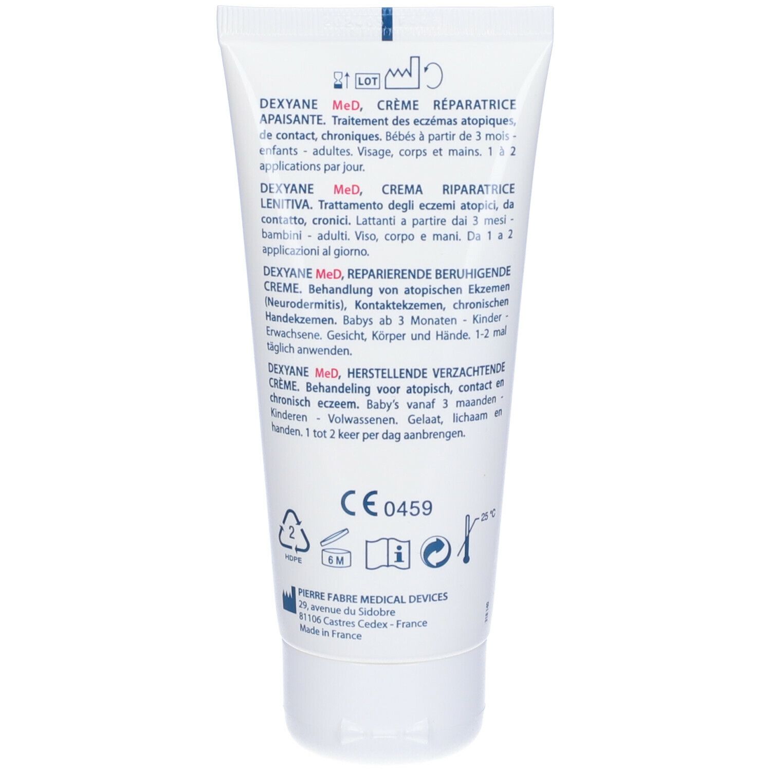 Retro del tubo di crema. Contiene testo e simboli, incluso 'CE 0459'.