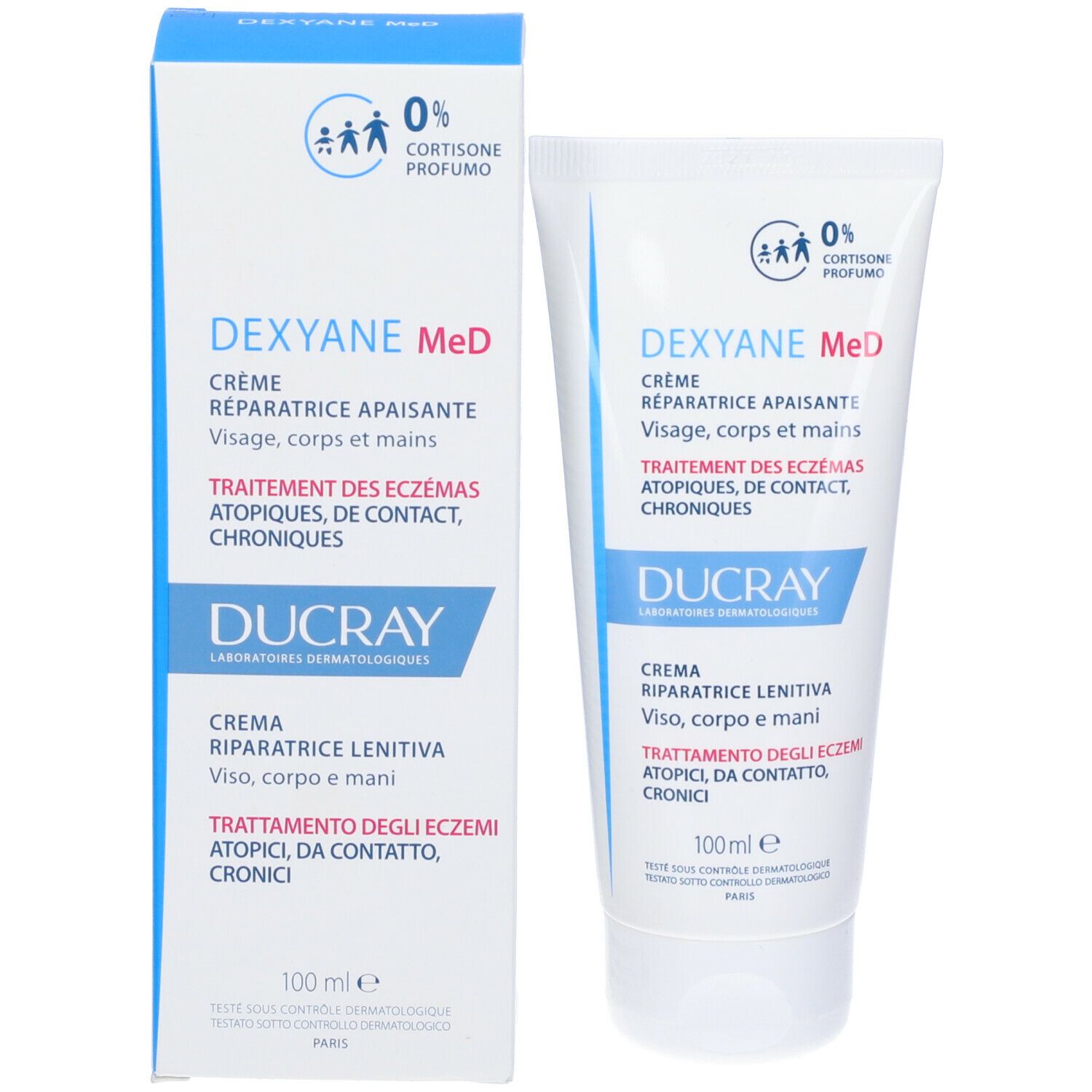 Confezione con tubo e scatola. Entrambi mostrano 'DEXYANE MeD' e '100ml'. Logo '0% cortisone profumo'.