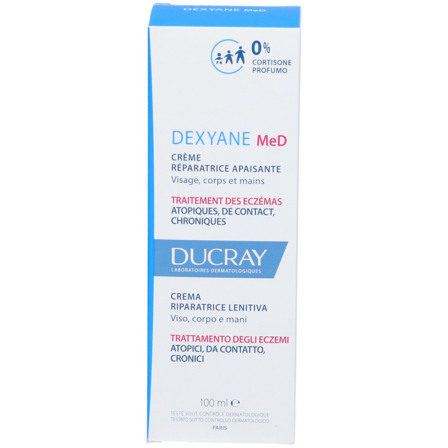 Confezione con scatola. Mostra 'DEXYANE MeD' e '100ml'. Logo '0% cortisone profumo'.