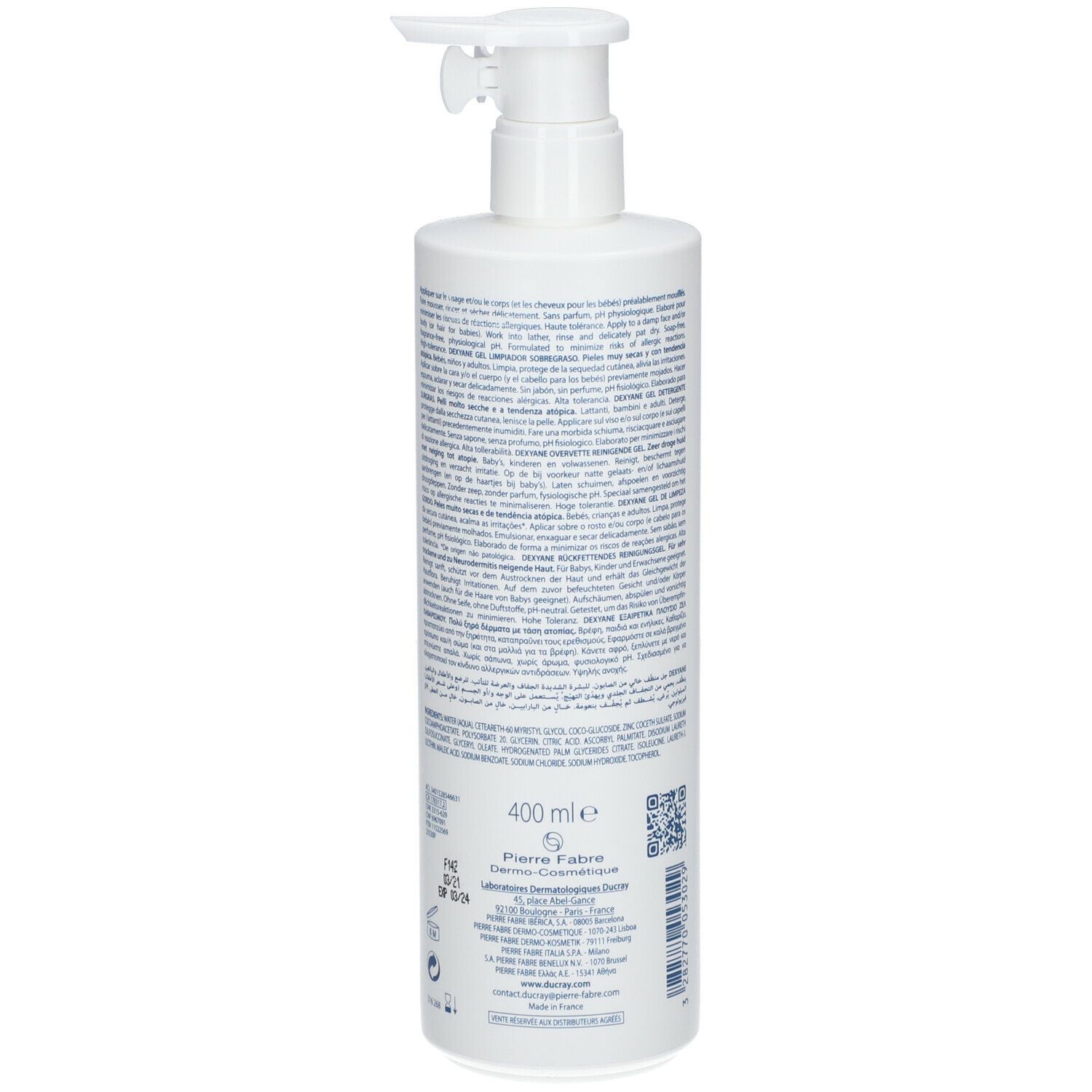 Flasche mit Pumpverschluss, Rückseite mit Text. Aufschrift DUCRAY Dexyane, Gel Nettoyant Surgras. Enthält Informationen und QR-Code.