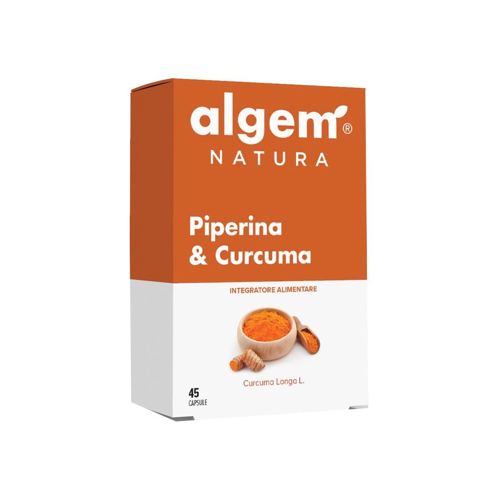 Scatola arancione e bianca con Piperina & Curcuma. Marchio Algem Natura. 45 capsule. Illustrazione di curcuma e pepe.