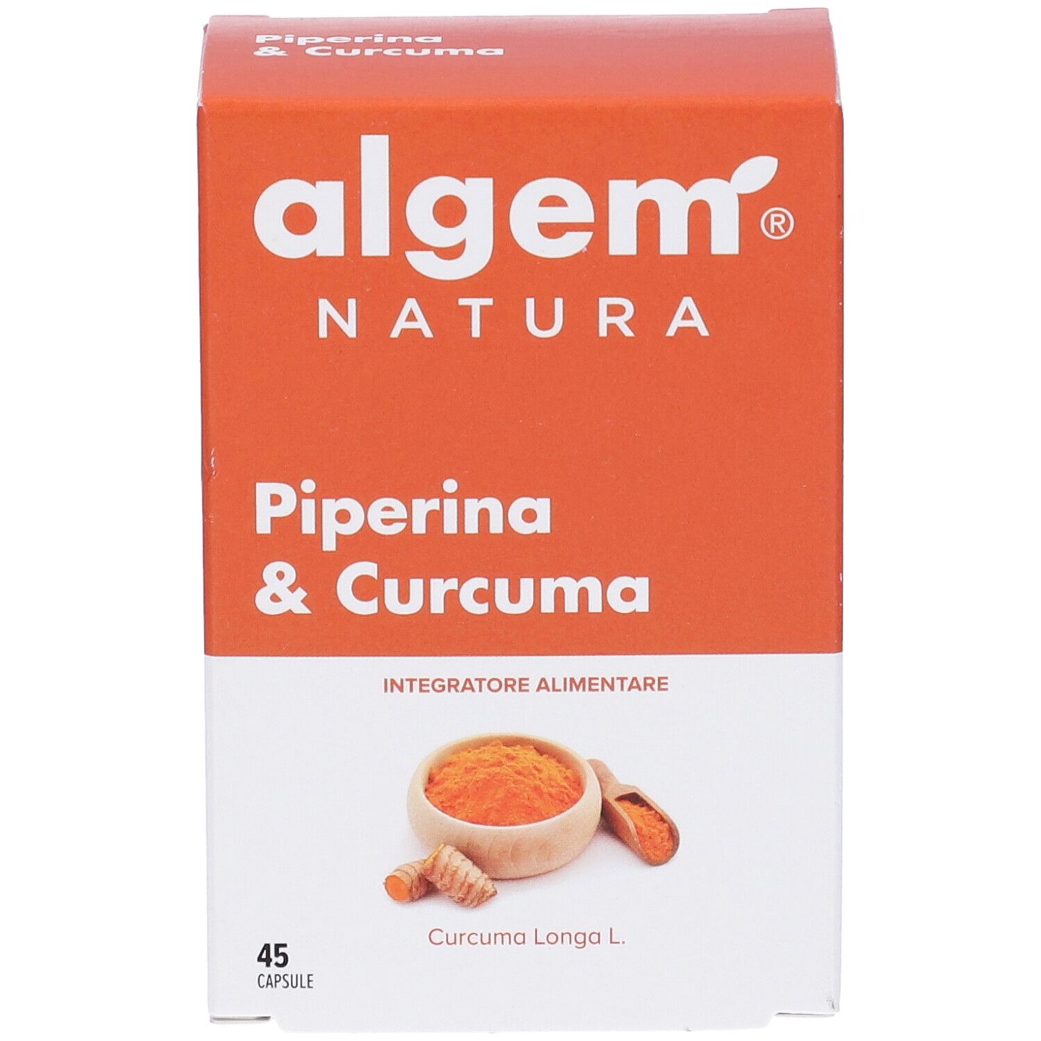 Scatola con Piperina & Curcuma. Marchio Algem Natura. 45 capsule. Illustrazione di curcuma e pepe. Vista frontale.