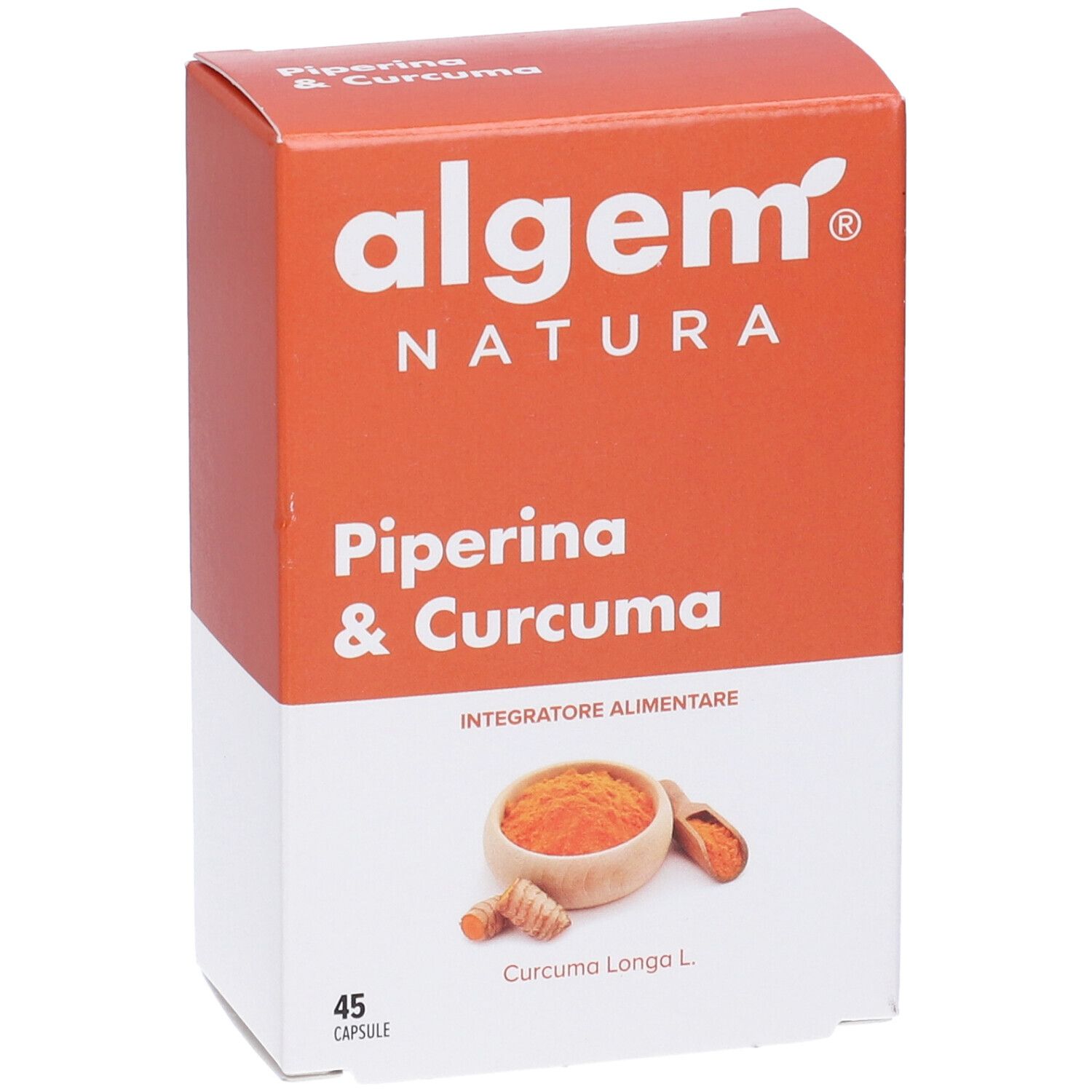 Scatola con Piperina & Curcuma. Marchio Algem Natura. 45 capsule. Illustrazione di curcuma e pepe. Vista frontale.