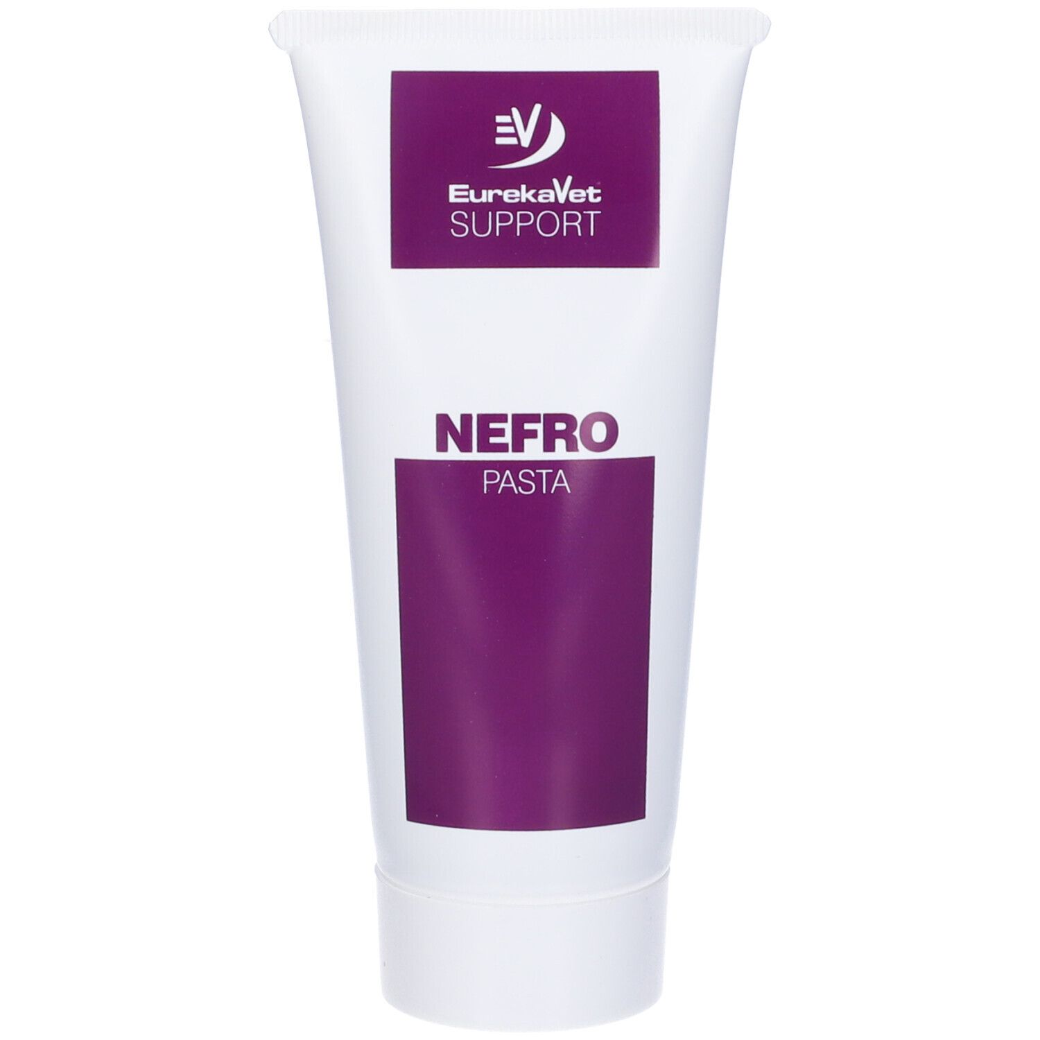 Tubo bianco con rettangolo viola e scritta "NEFRO PASTA". Logo "EurekaVet Support".