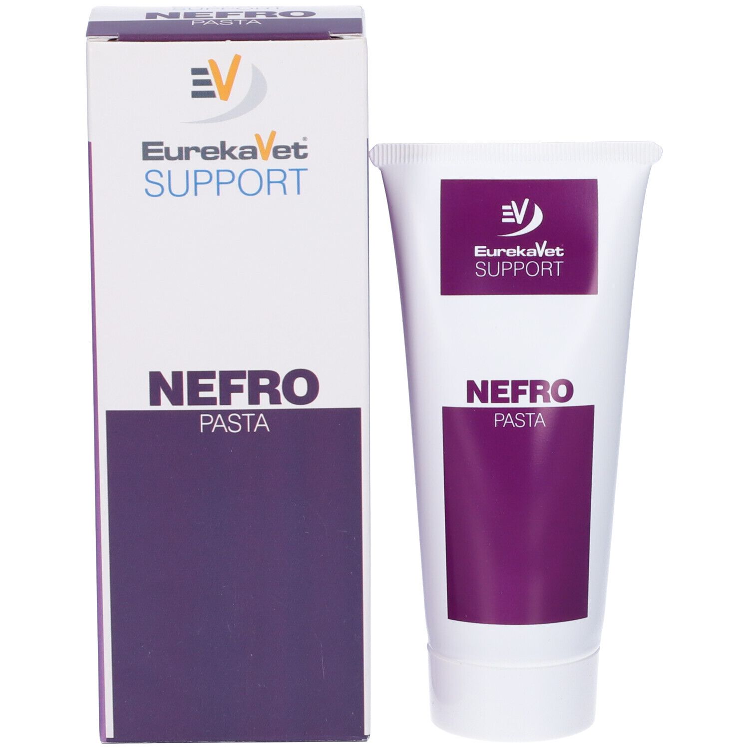 Tubo e scatola. Sul tubo: "NEFRO PASTA". Sulla scatola: "NEFRO PASTA" e logo "EurekaVet Support".